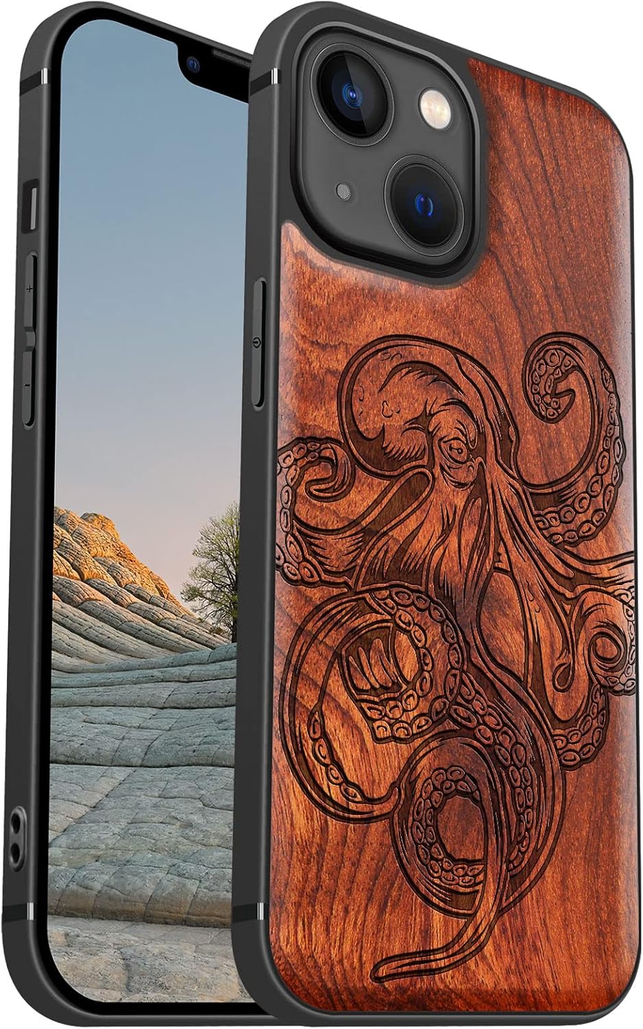 Carveit Funda magnética de madera para iPhone 13 Mini madera natural y TPU suave negro a prueba de golpes, funda de madera única y elegante