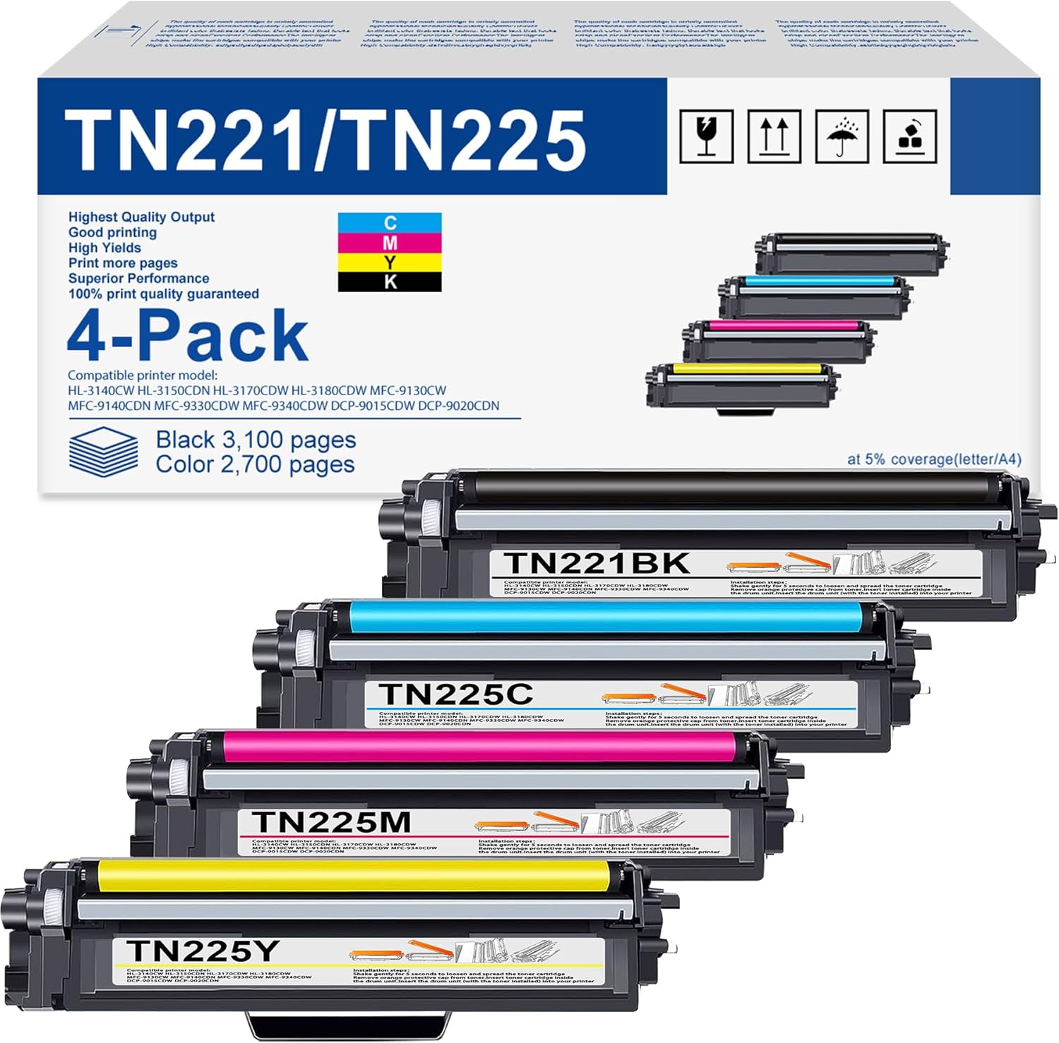 TN221 – Cartuchos de tóner TN221, paquete de 4 cartuchos TN225, repuesto para Brother tn221 tn221bk tn225, compatible con cartuchos de tóner Brother