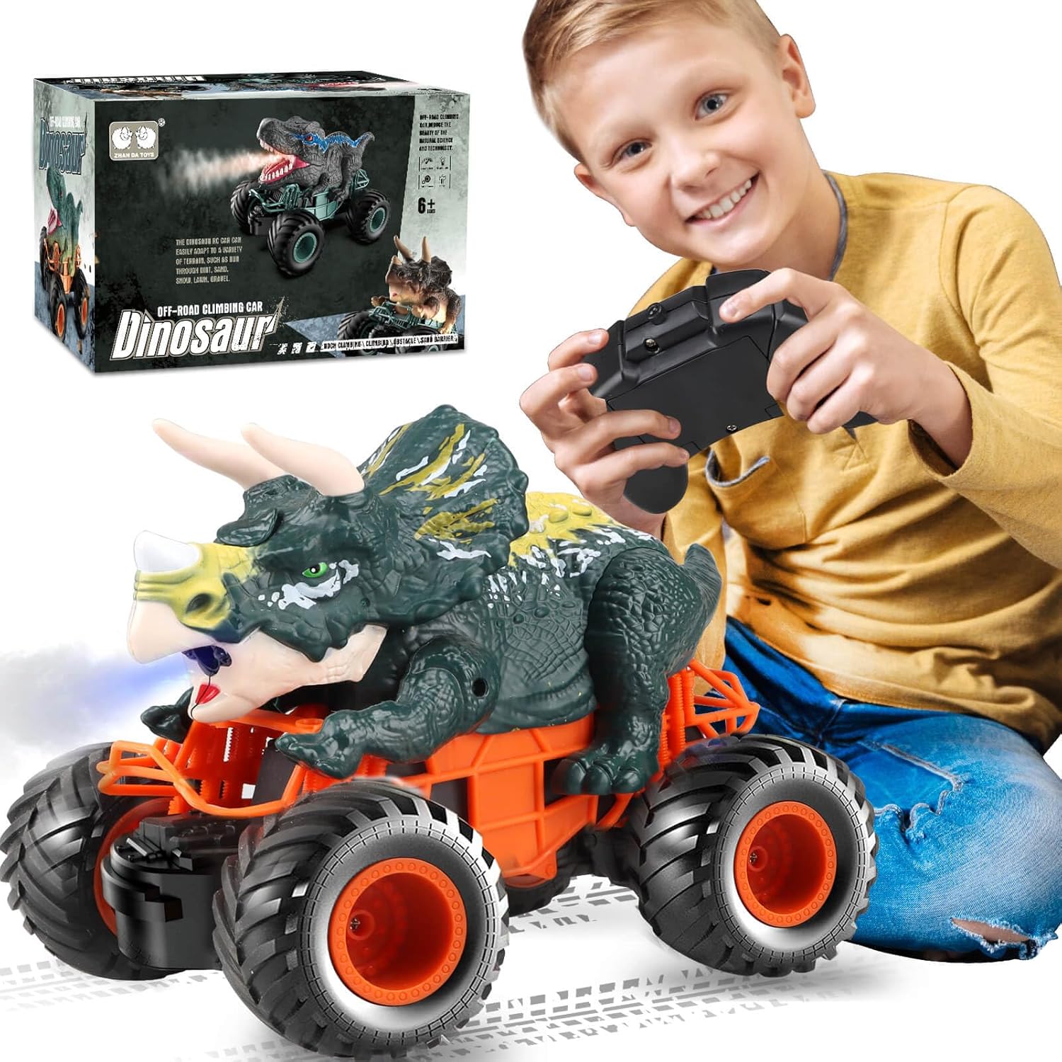 Dolanus Auto de juguete de dinosaurio a control remoto para niños de 3, 4, 5, 6, 7, 8 años, camiones monstruo de dinosaurio para niños, control