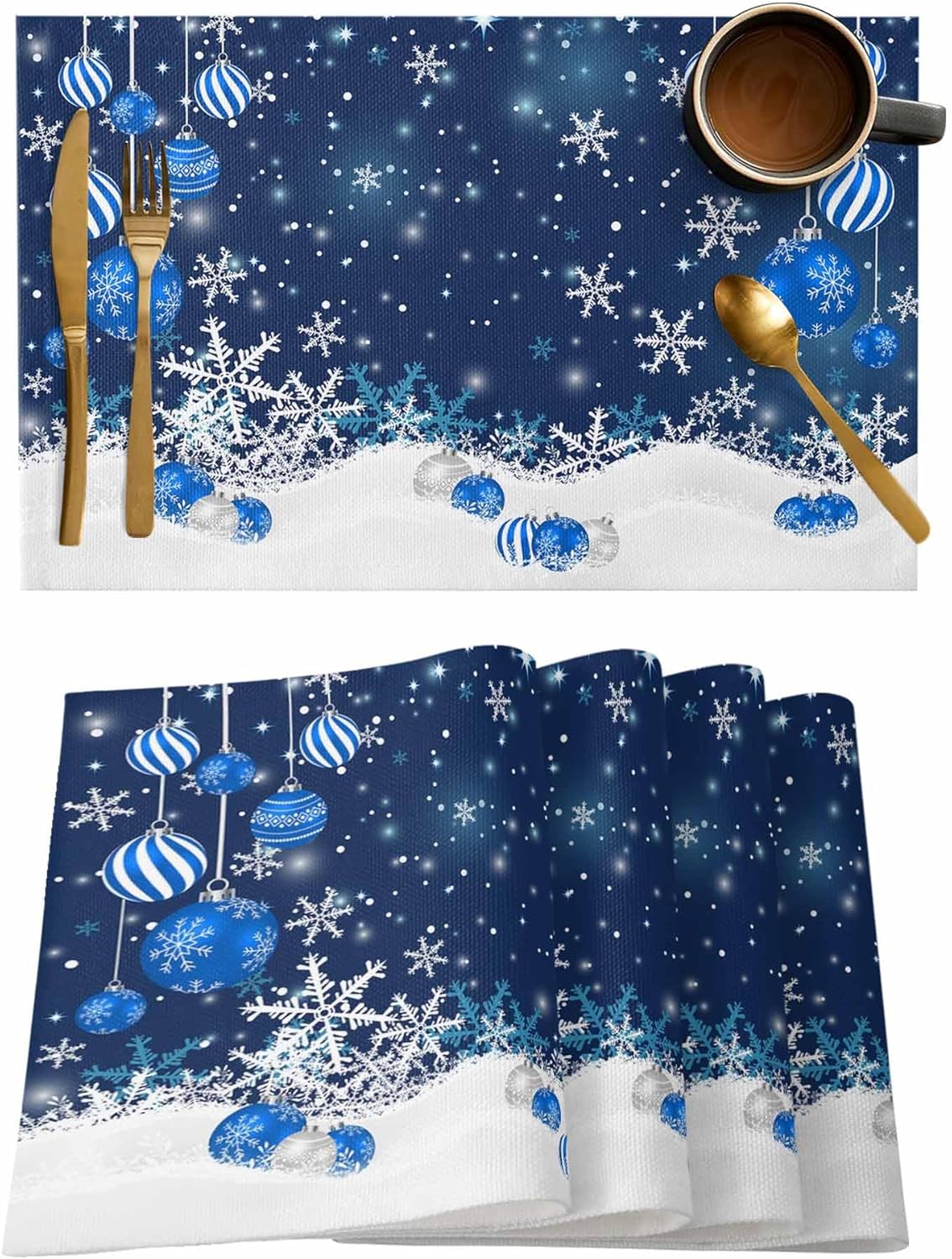 Juego de 6 manteles individuales de lino y algodón, antideslizantes, lavables, copos de nieve, azul, Navidad, invierno, para fiestas, comedor,
