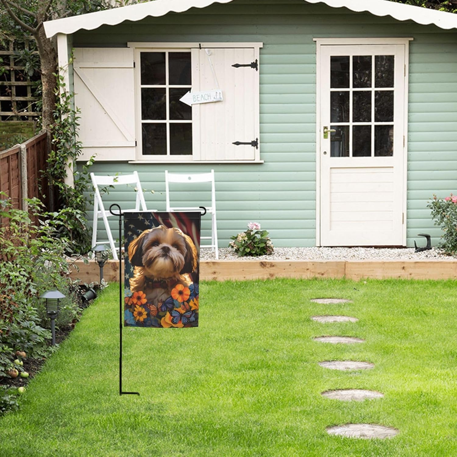 Bandera de jardín Shih Tzu Dogs – Bandera de Estados Unidos con diseño de girasol, 12 x 18 pulgadas, doble cara, decoración de patio al aire libre