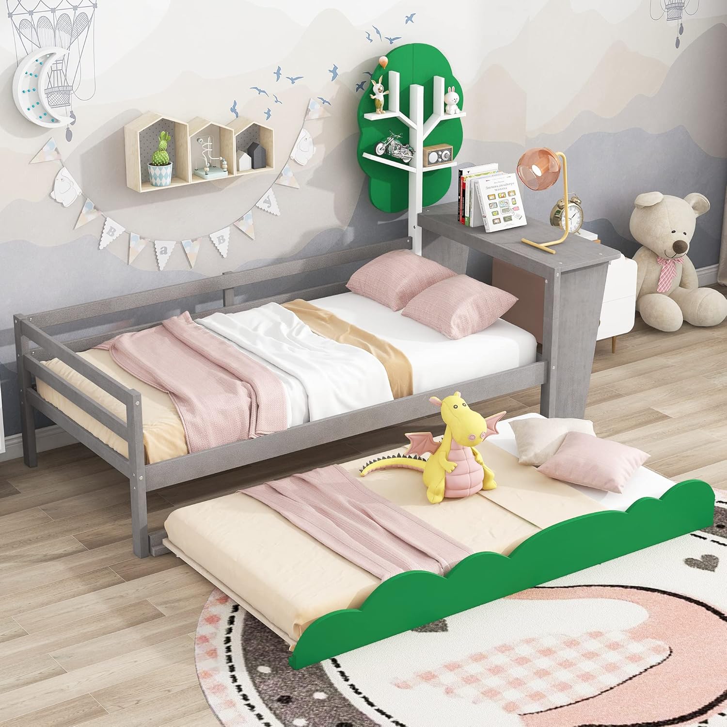 Anwick Base de cama individual con escritorio y nido, sofá cama de madera con escritorio y estantes en forma de árbol verde, cama de plataforma de