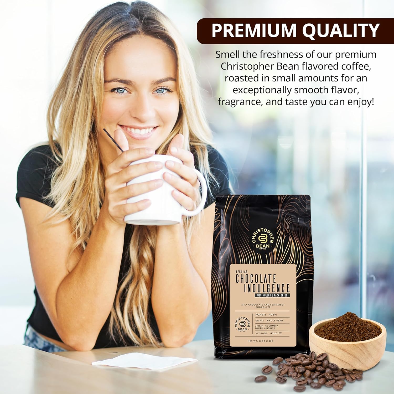 Café con sabor a chocolate Indulgence (grano entero normal) 100% arábica, sin azúcar, sin grasas, hecho con sabores sin OMG, bolsa de 12 onzas de