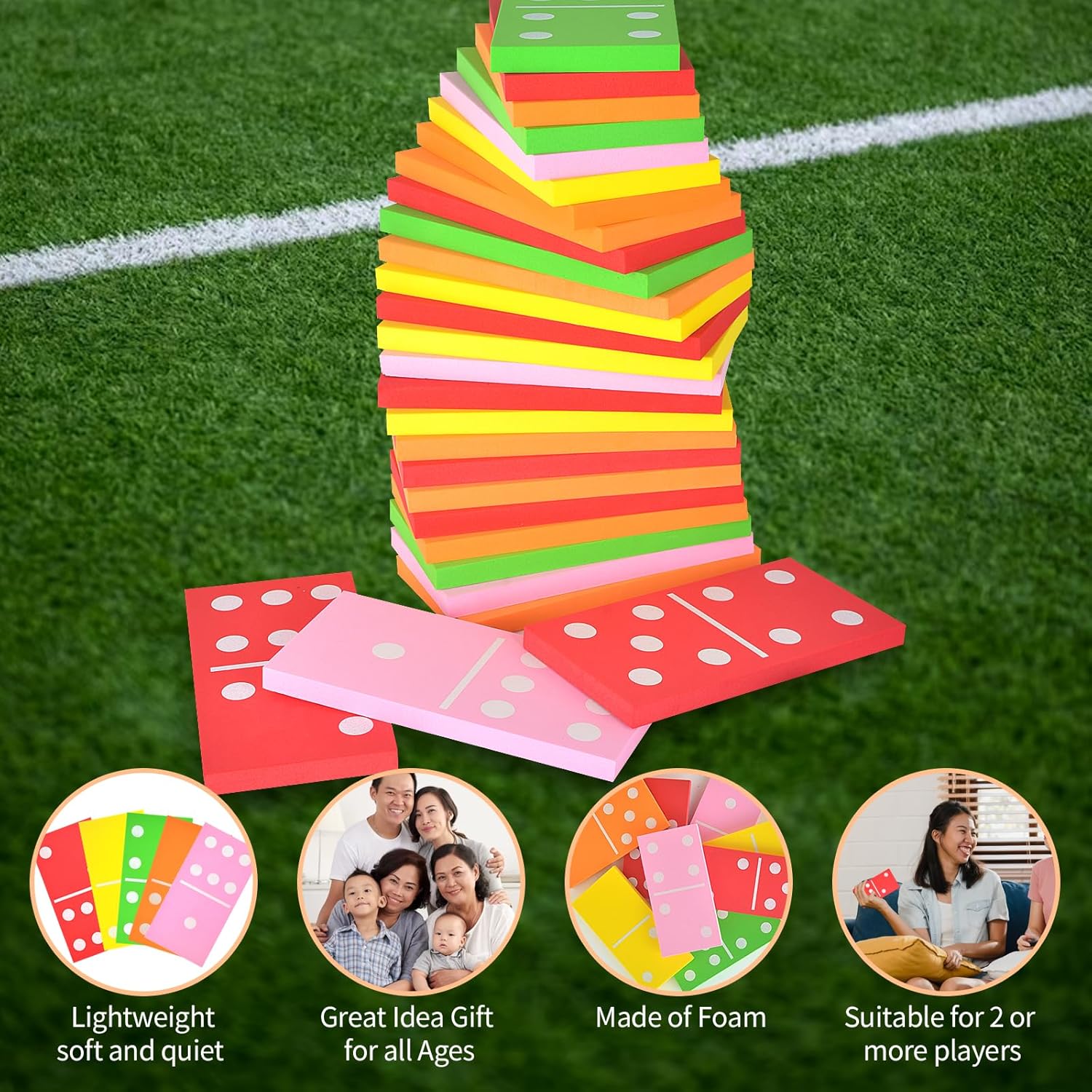 Dominó gigante de césped de 28 piezas, dominó grande y colorido con una bolsa de malla, juego de 6 dominó de espuma gigante, juegos gigantes para