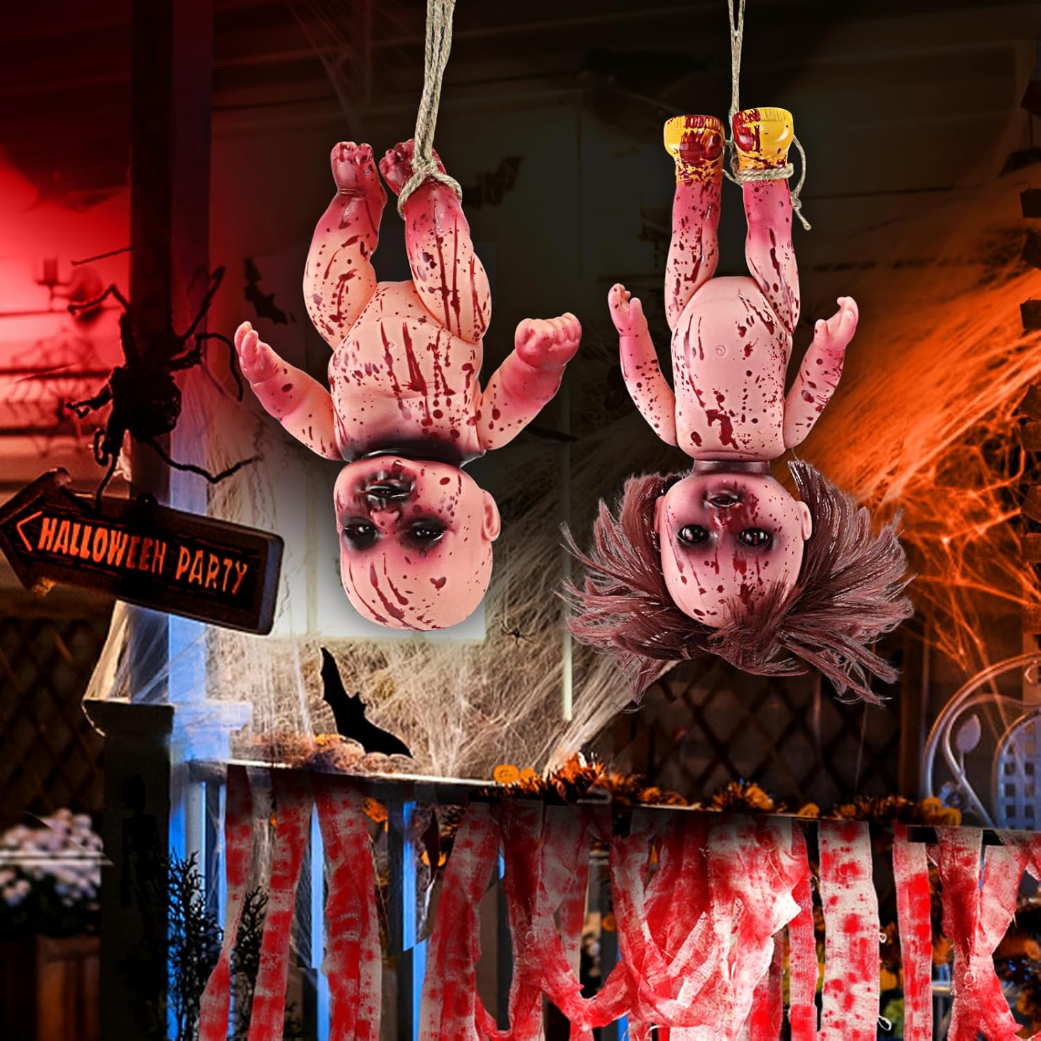 Muñecas espeluznantes de Halloween, muñeca embrujada sangrienta de 10 pulgadas, muñecas zombi colgantes aterradoras con cuerda, decoración de terror