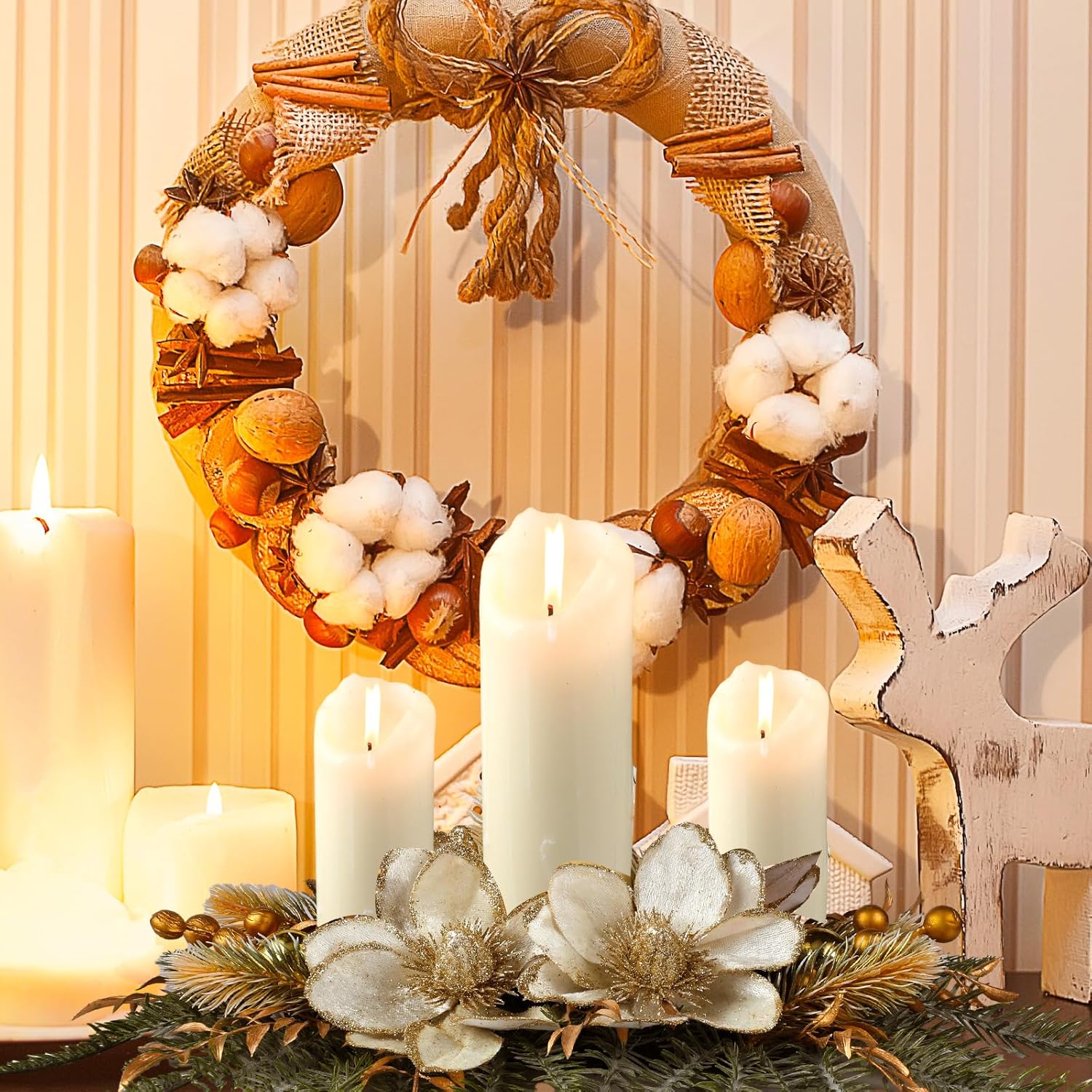 Cindeer Centro de mesa de Navidad con mantel de Pascua artificial, candelabros románticos para fiesta, chimenea, vacaciones, Acción de Gracias,