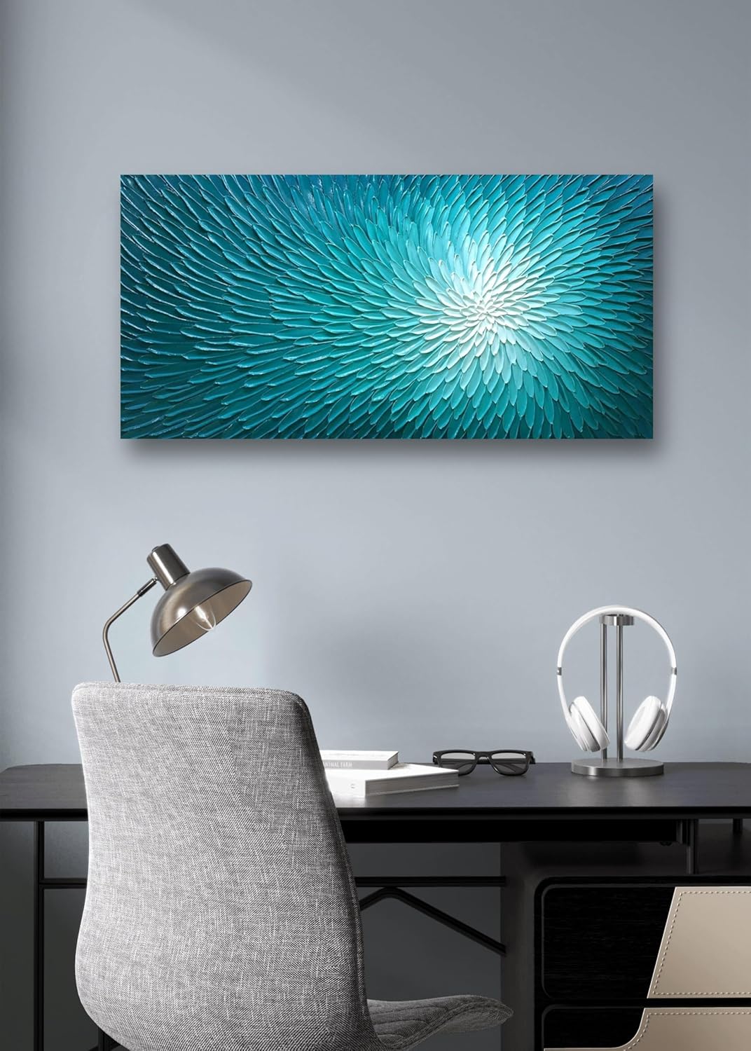 AMEI Arte, 24 x 48 pulgadas, pintado a mano, abstracto, verde azulado, azul, pinturas al óleo texturizadas, ilustraciones florales, lienzos