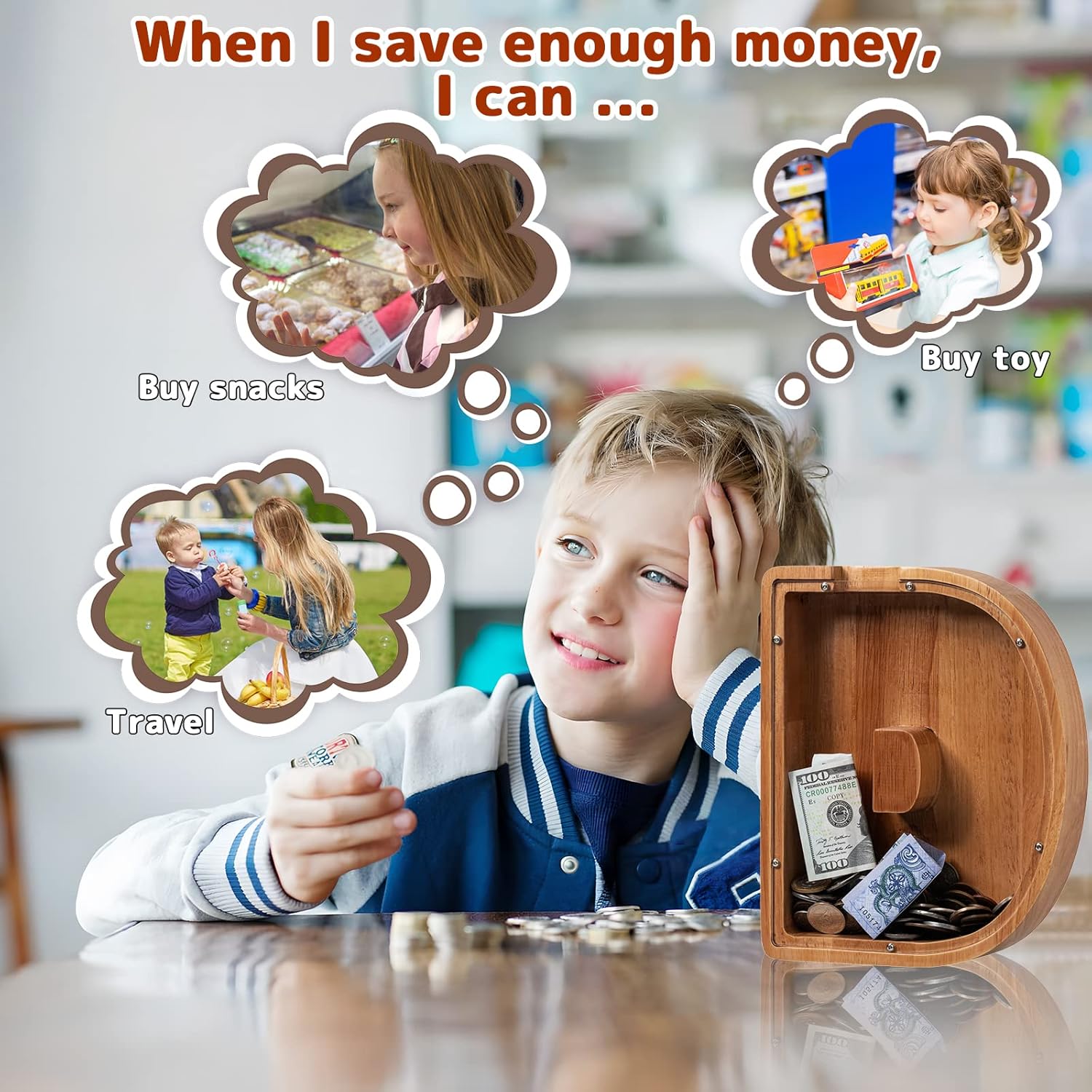 Alcancía de madera extra grande de 12 pulgadas para niños, alcancía para niños y niñas, banco D con inicial, banco de dinero del alfabeto para