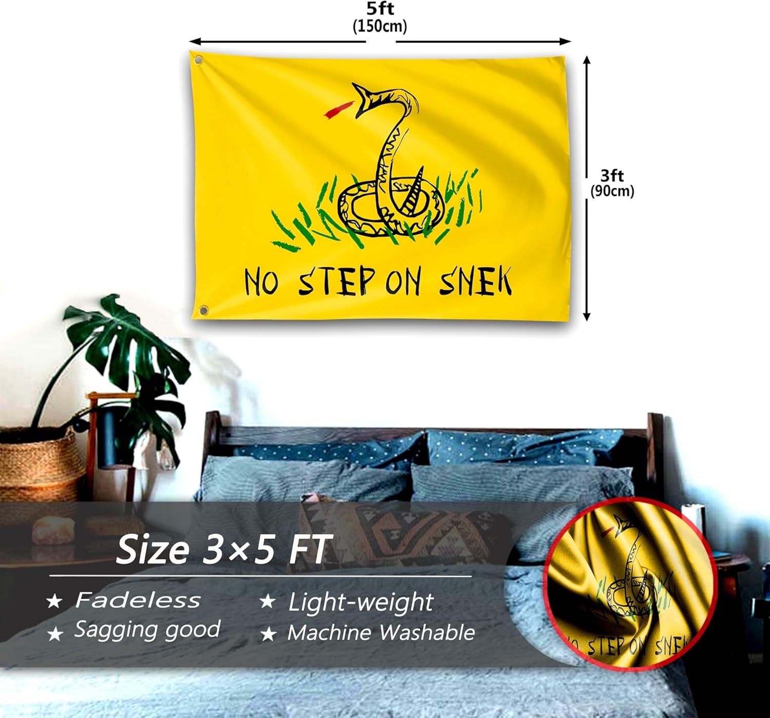 Bandera de No Step On Snek de 3 x 5 pies, divertida pancarta de pared con texto en inglés “Man Cave Don’t Step on Snek” para habitación,