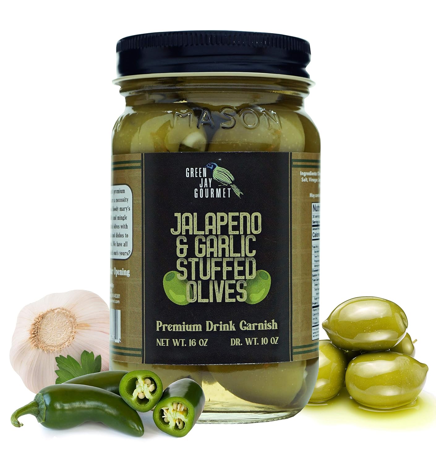 Green Jay Gourmet Aceitunas de doble relleno  Aceitunas verdes rellenas de jalapeño y ajo para guarnición de cóctel y tabla de queso  Aceitunas de