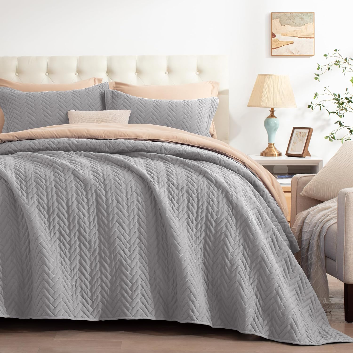GRT Juego de edredón gris tamaño King con fundas de almohada, edredón ligero, reversible, estilo moderno, patrón rectangular, juego de ropa de cama