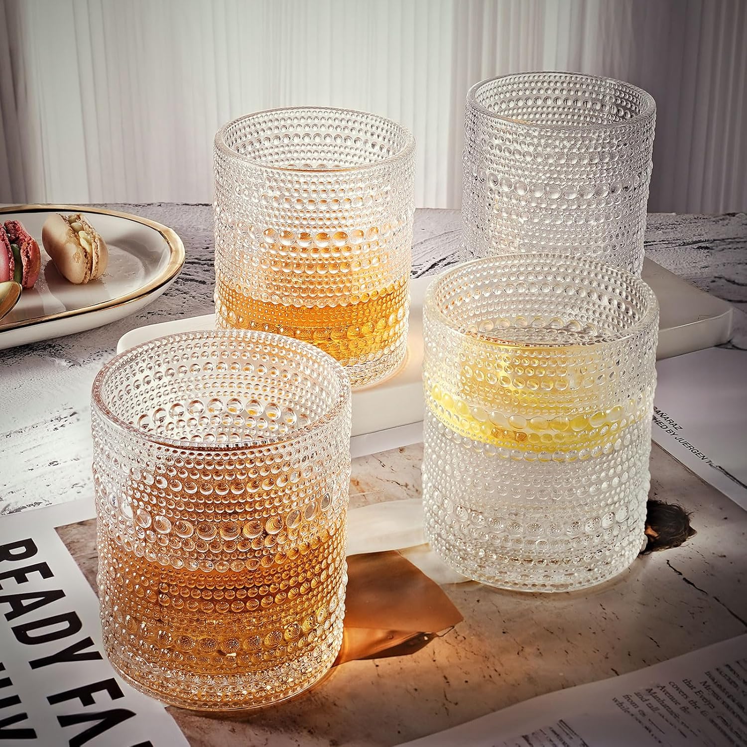 Hobnail – Juego de 4 vasos de cristal de moda antigua de 10 onzas, juego de 4 vasos de jugo de agua, cóctel, juego de cristalería vintage, regalo