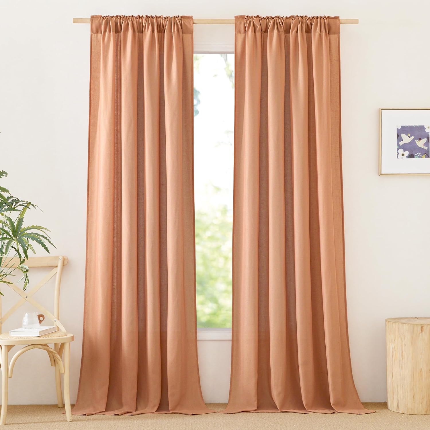 StangH Cortinas de lino de terracota  Cortinas semitransparentes de arpillera de privacidad con pestaña trasera para dormitorio, paneles de puerta