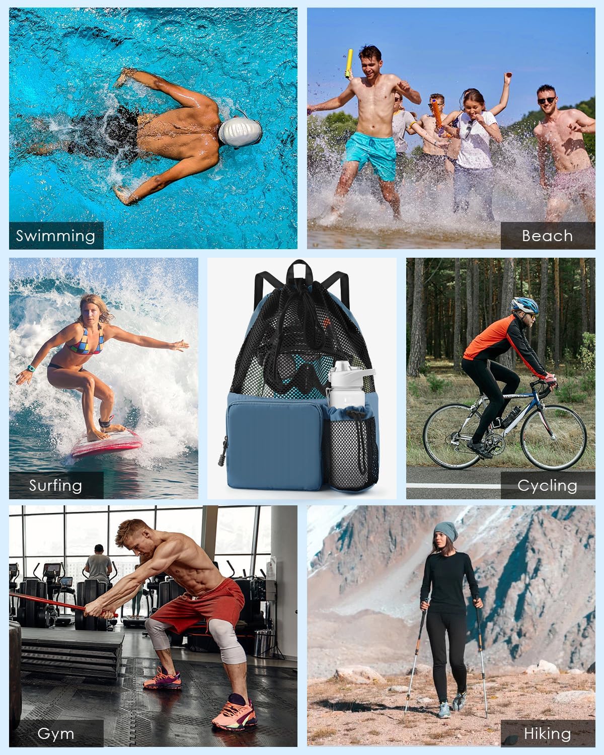 BROTOU Bolsa de natación de malla con cordón, mochila de deportes acuáticos con bolsillo húmedoseco, mochila de playa para natación, surf, viajes