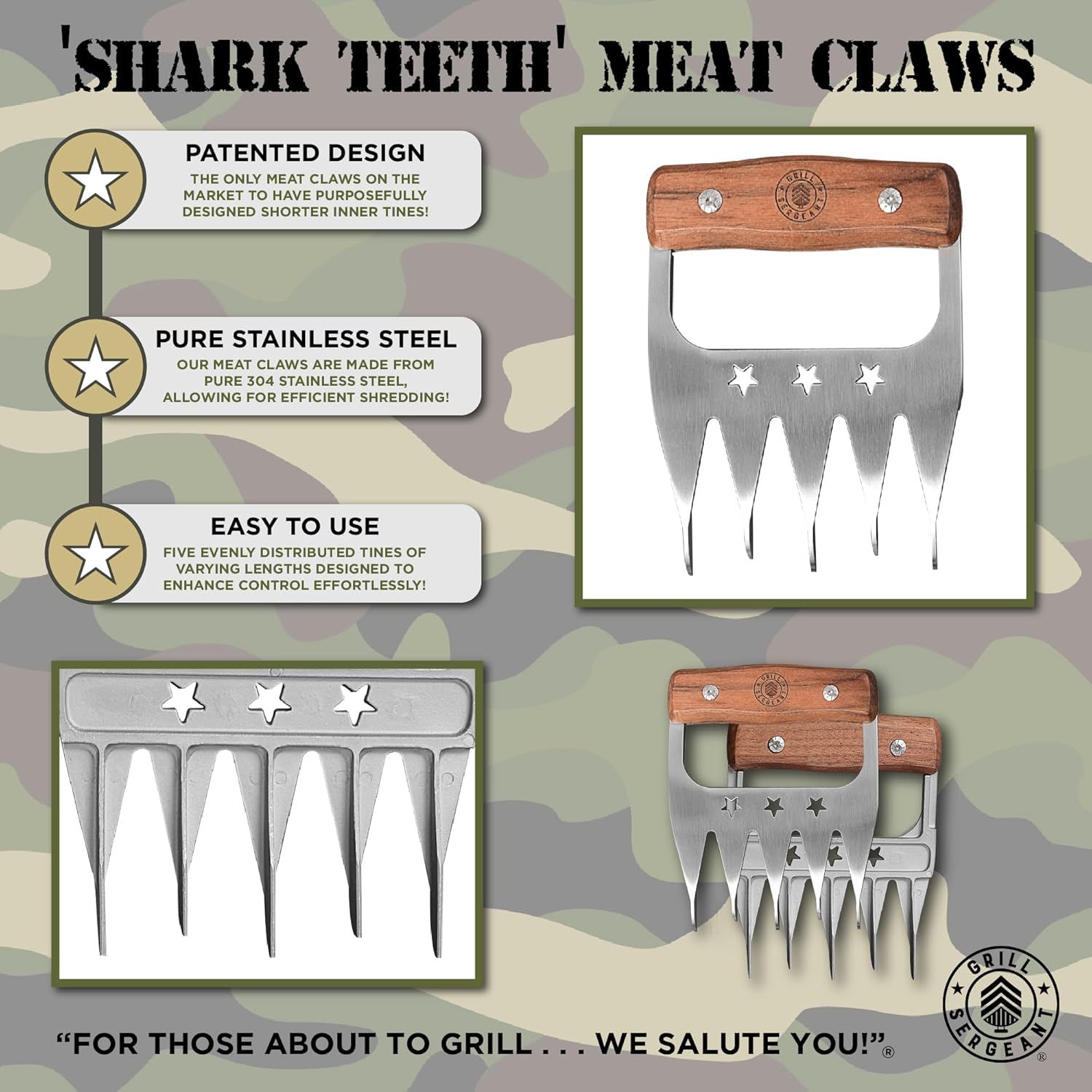 GRILL SERGEANT Garras de metal para carne, trituradora de cerdo a la barbacoa, garantía para siempre, asas de madera de nogal, patentadas, tenedores