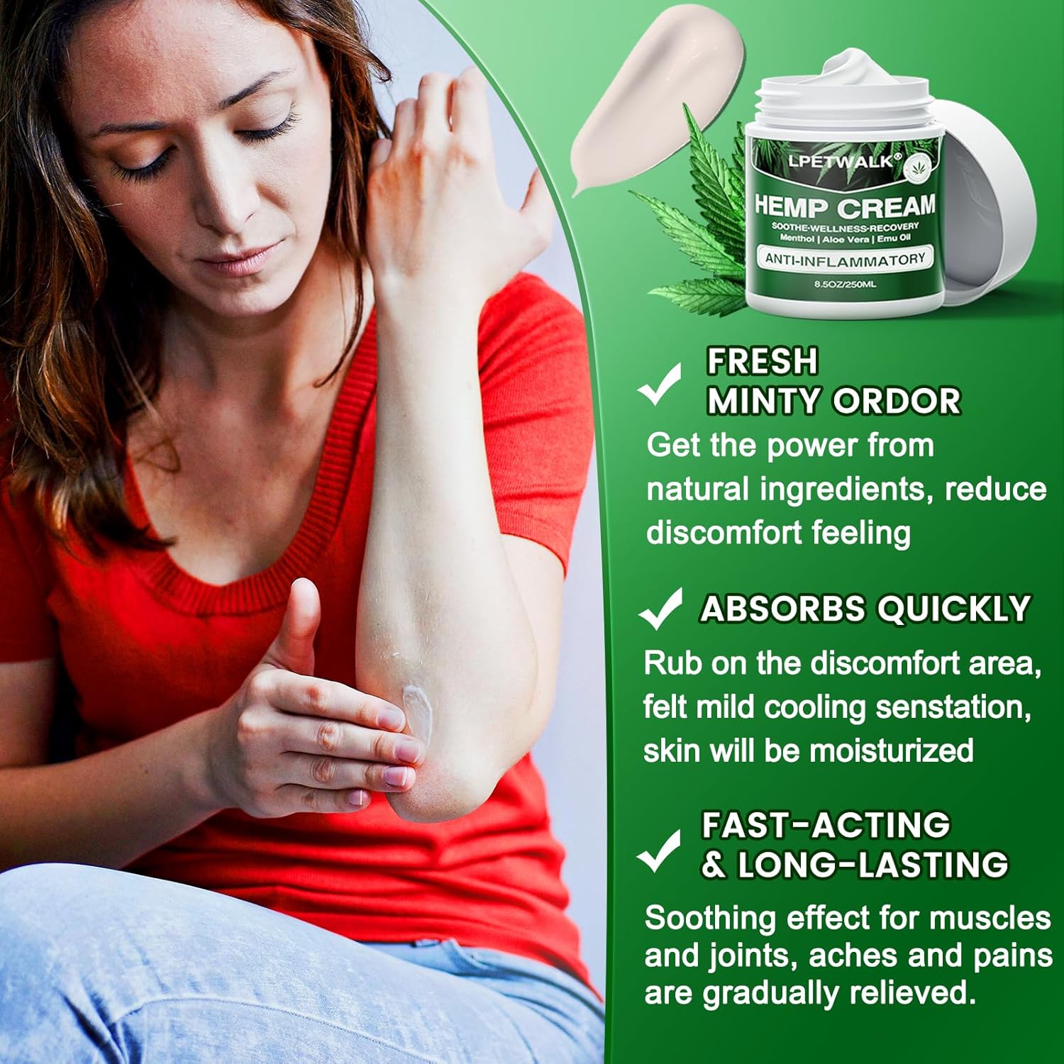 Crema de cáñamo de 8.5 onzas de máxima resistencia, crema instantánea natural de cáñamo con cáñamo, árnica, cúrcuma, fórmula totalmente natural