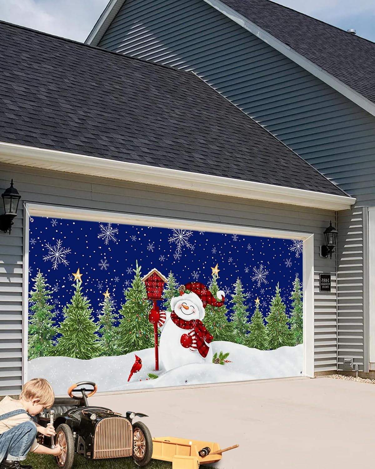 Pancarta de Navidad para puerta de garaje, 7 x 16 pies, muñeco de nieve de Navidad, árbol de Navidad, pájaro rojo, azul oscuro, decoración de puerta
