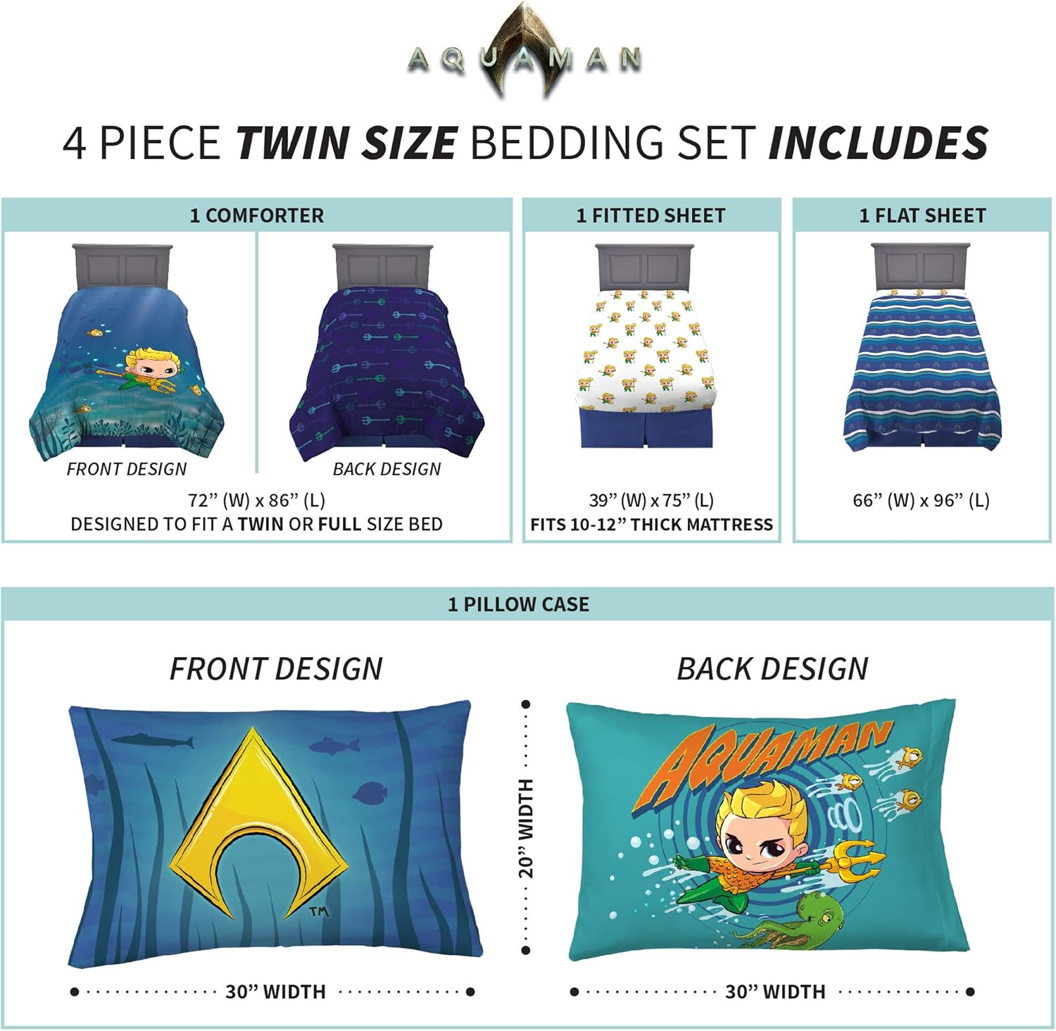 Aquaman – Juego de edredón y sábanas para niños, 4 piezas, tamaño individual, por Franco