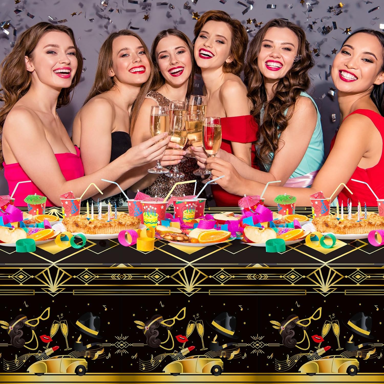 Unittype 3 manteles negros y dorados de plástico con temática de los años 20, suministros de fiesta de los años 20, mantel para cumpleaños, años