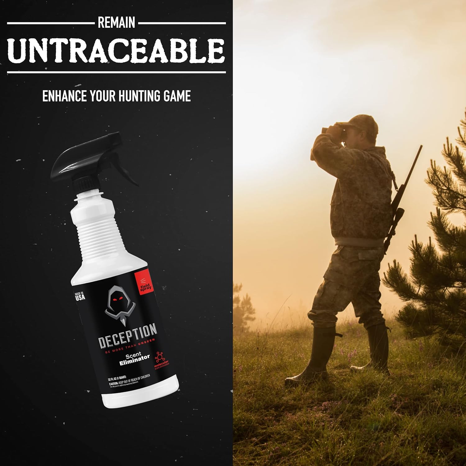 Spray de campo de caza, botella de caza eliminadora de aroma de 32 onzas, cazadores seguros para la ropa, sin olor, para caza, control de olores de