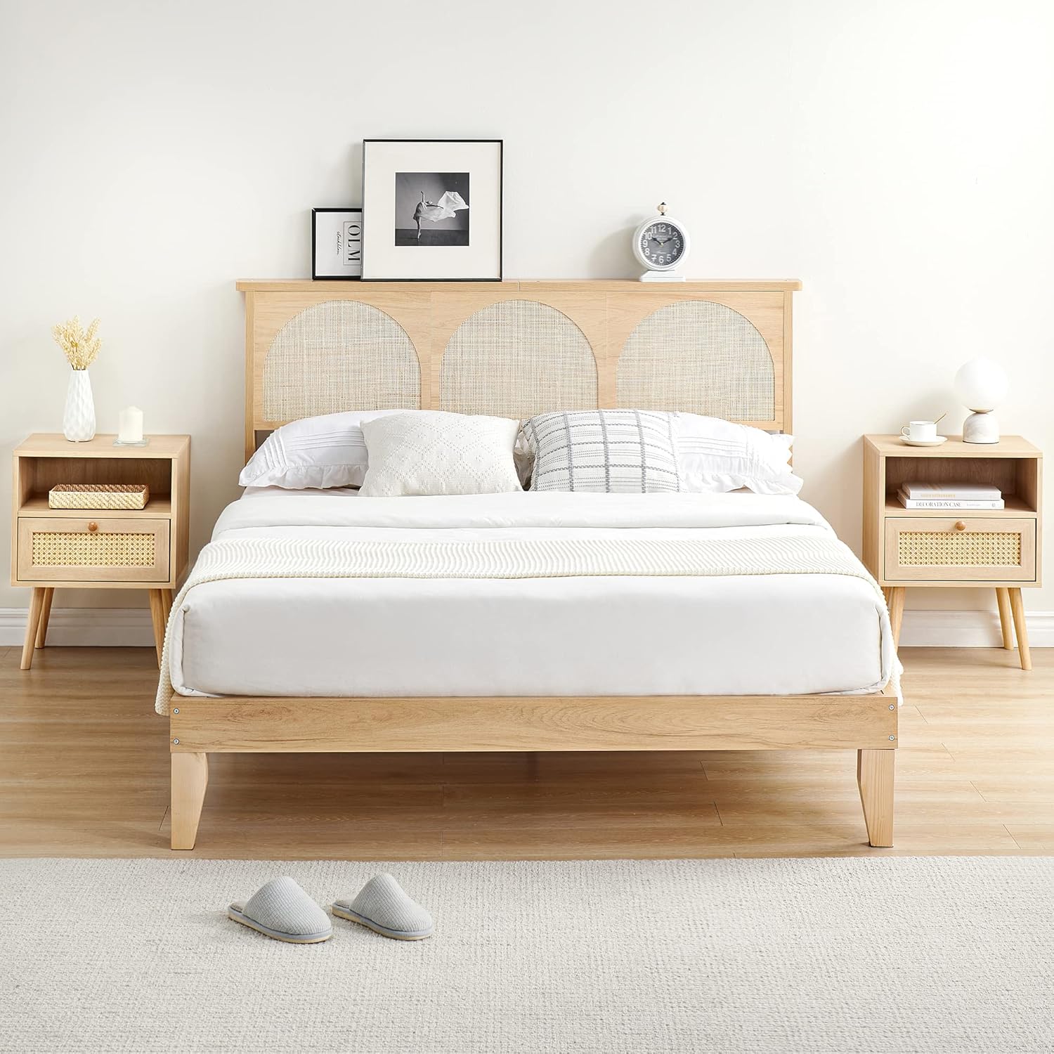 IDEALHOUSE Mesita de noche de ratán, mesa auxiliar con cajón, mesa auxiliar con estante de almacenamiento para dormitorio, sala de estar, dormitorio