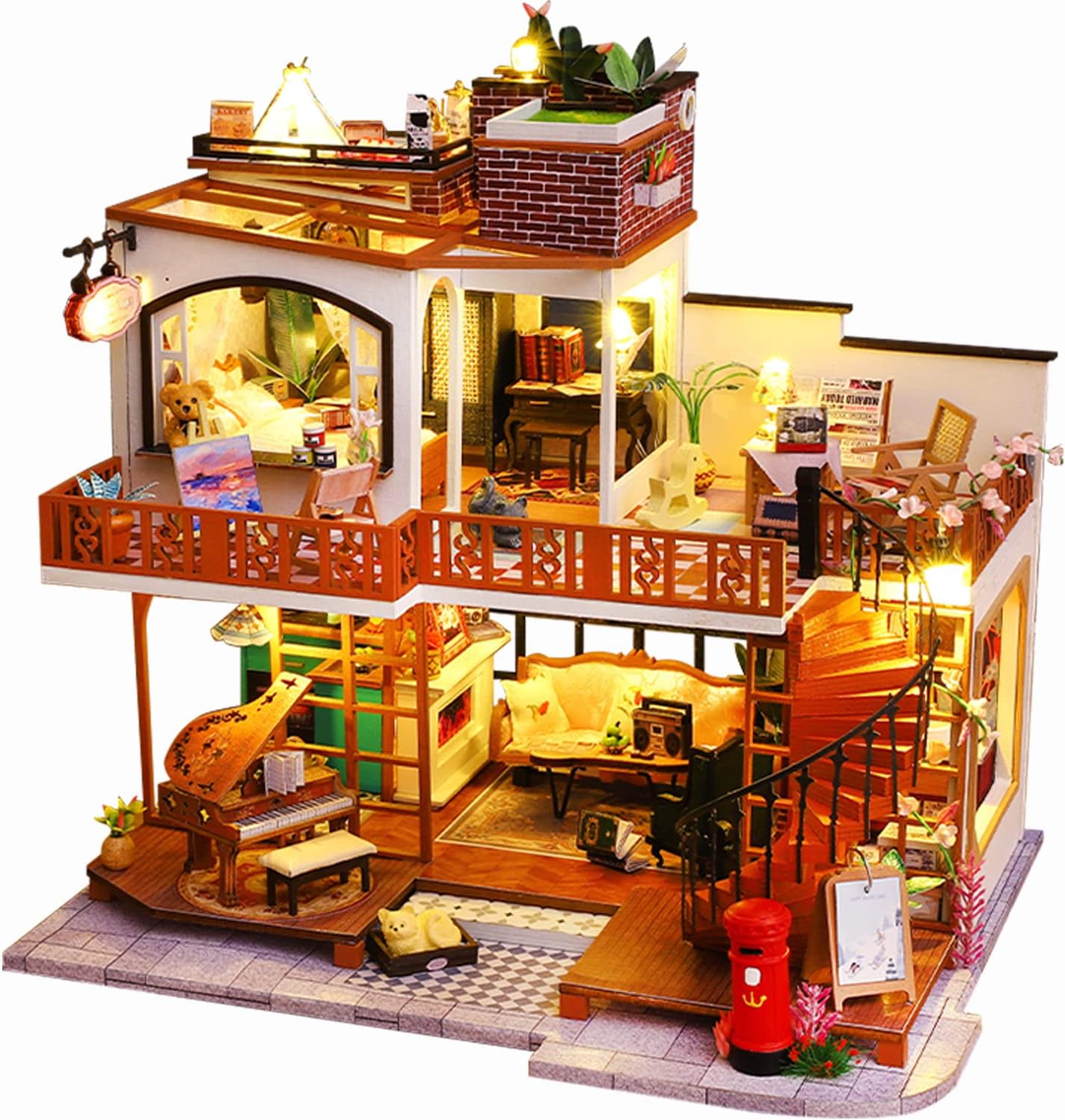 Roroom Kit de casa de muñecas en miniatura y muebles, modelo de casa de muñecas de madera 3D con cubierta a prueba de polvo y movimiento musical,