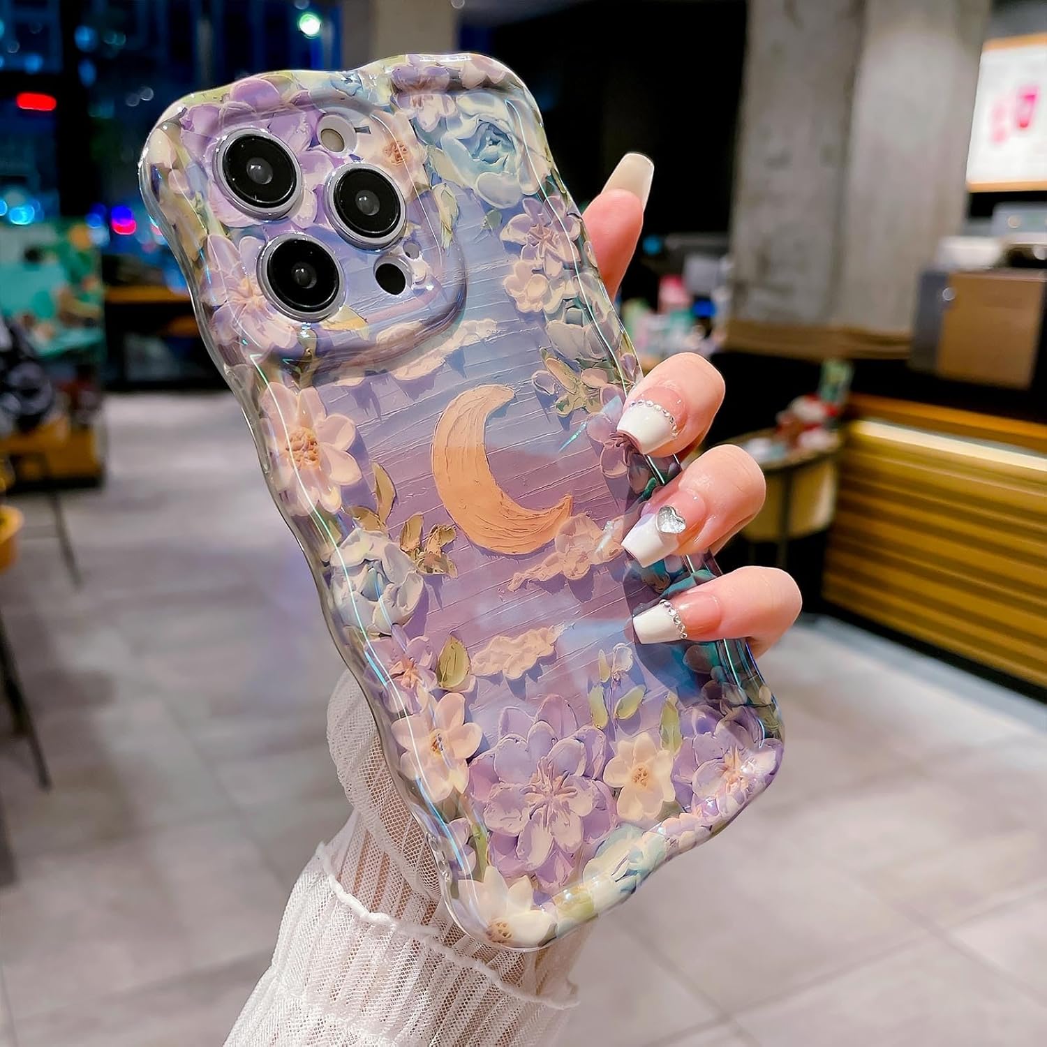 Funda para iPhone 13 Pro Max, colorida pintura al óleo retro flor linda rizada con borde floral para mujeres y niñas, protección de cámara, funda