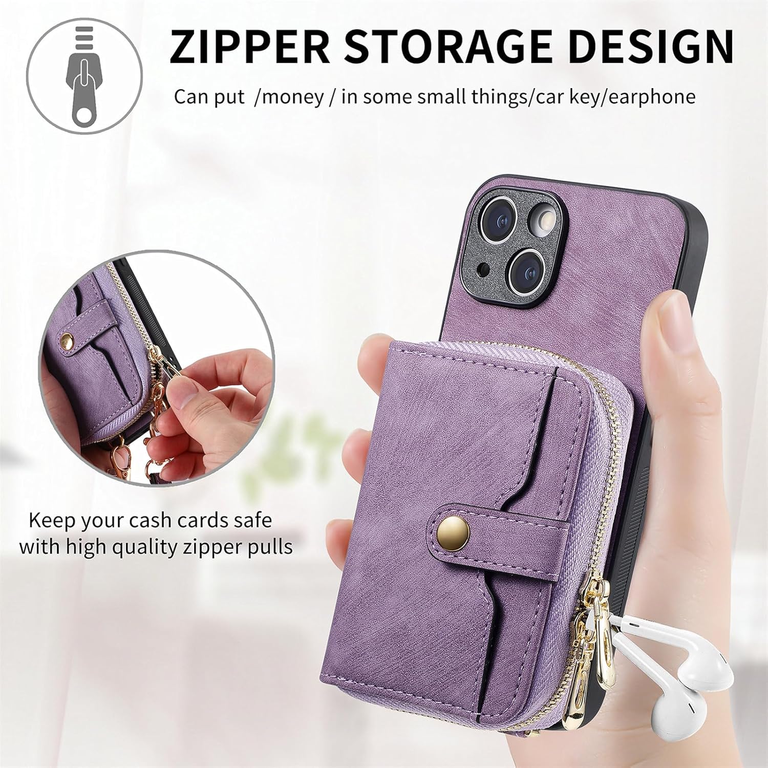 Asuwish Funda de teléfono para iPhone 13 de 6.1 pulgadas con cremallera y ranura para tarjeta de crédito, correa cruzada para el hombro, cordón