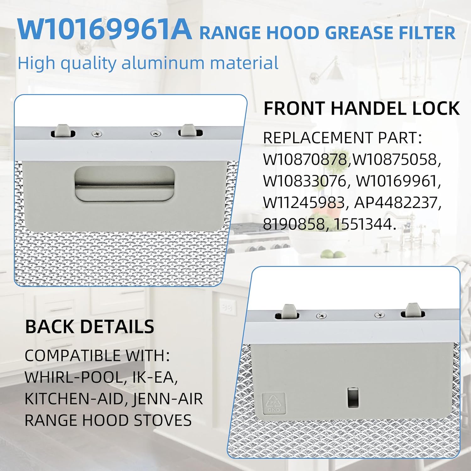 2 filtros de aluminio para campana extractora, W10169961A, de 10.5 x 12 pulgadas, compatible con Whirl.pool Ik.ea Kitchen.Aid Jenn. Campana