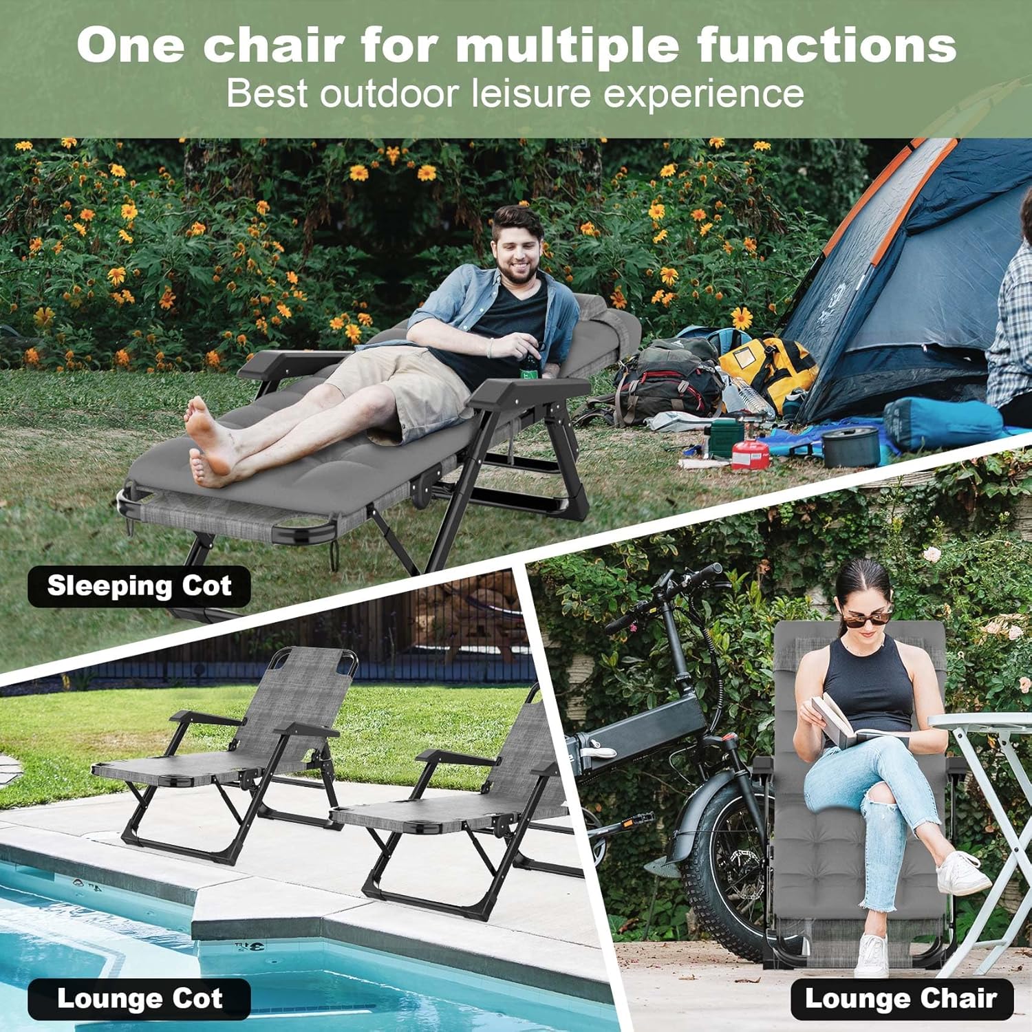 Slendor Catre plegable de gran tamaño 3 en 1 de 29 pulgadas, 6+10 posiciones ajustables XL para patio, tumbona para adultos, cuna portátil, sillón