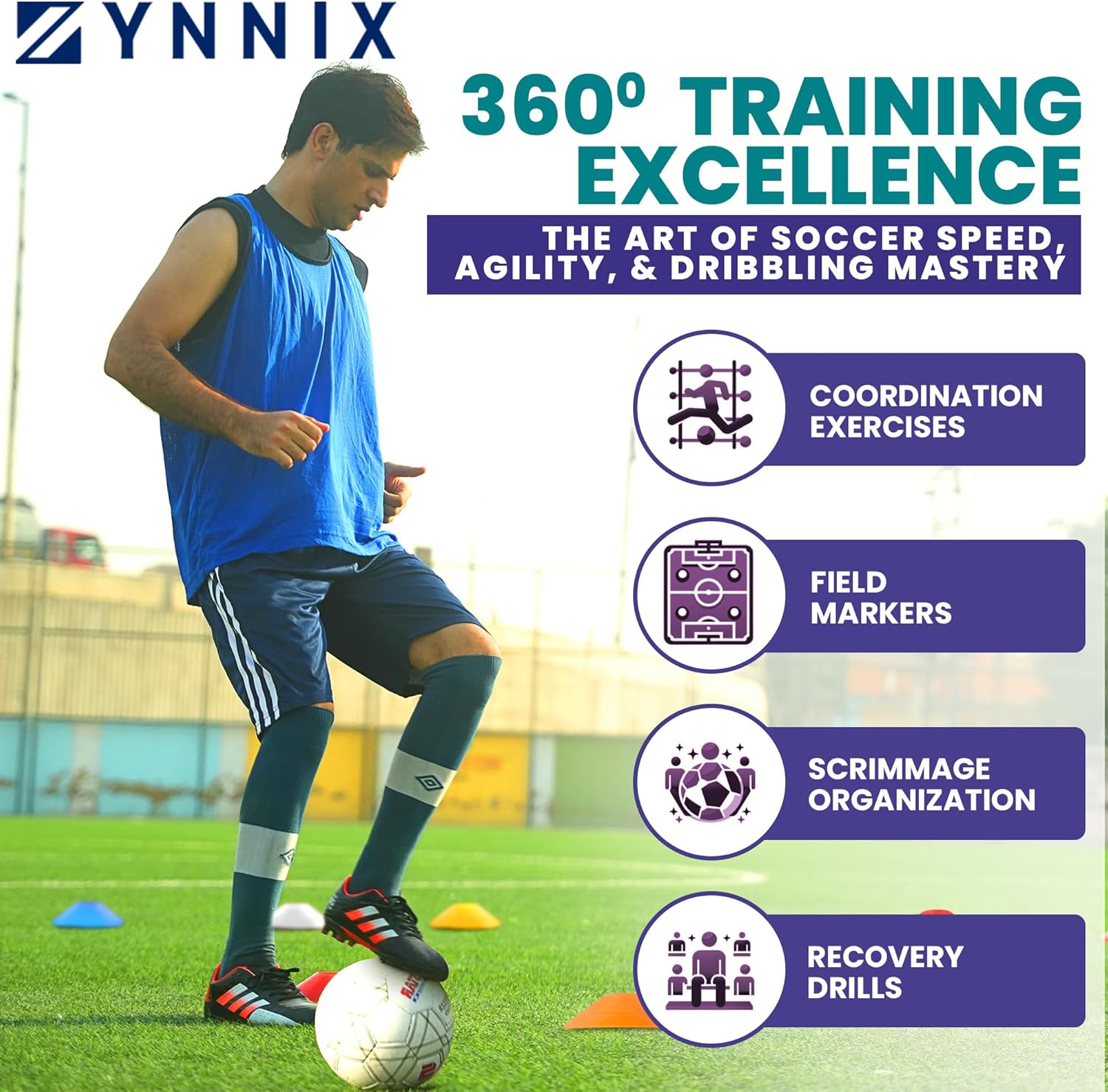 ZYNNIX Conos de fútbol (juego 40, 50) con bolsa de malla y correa, conos deportivos flexibles para fútbol, baloncesto, equipo de entrenamiento de