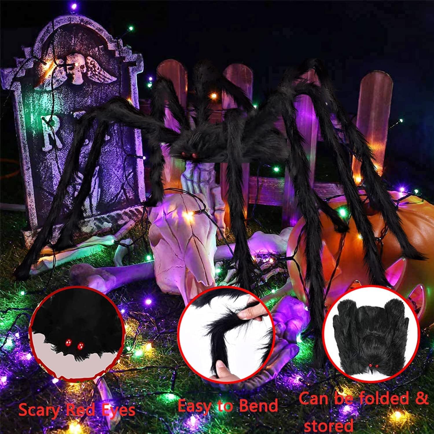 KRRFDP Decoración de Halloween de telaraña de 200 pulgadas, araña gigante aterradora de 60 pulgadas con 20 piezas de mini araña y telaraña elástica