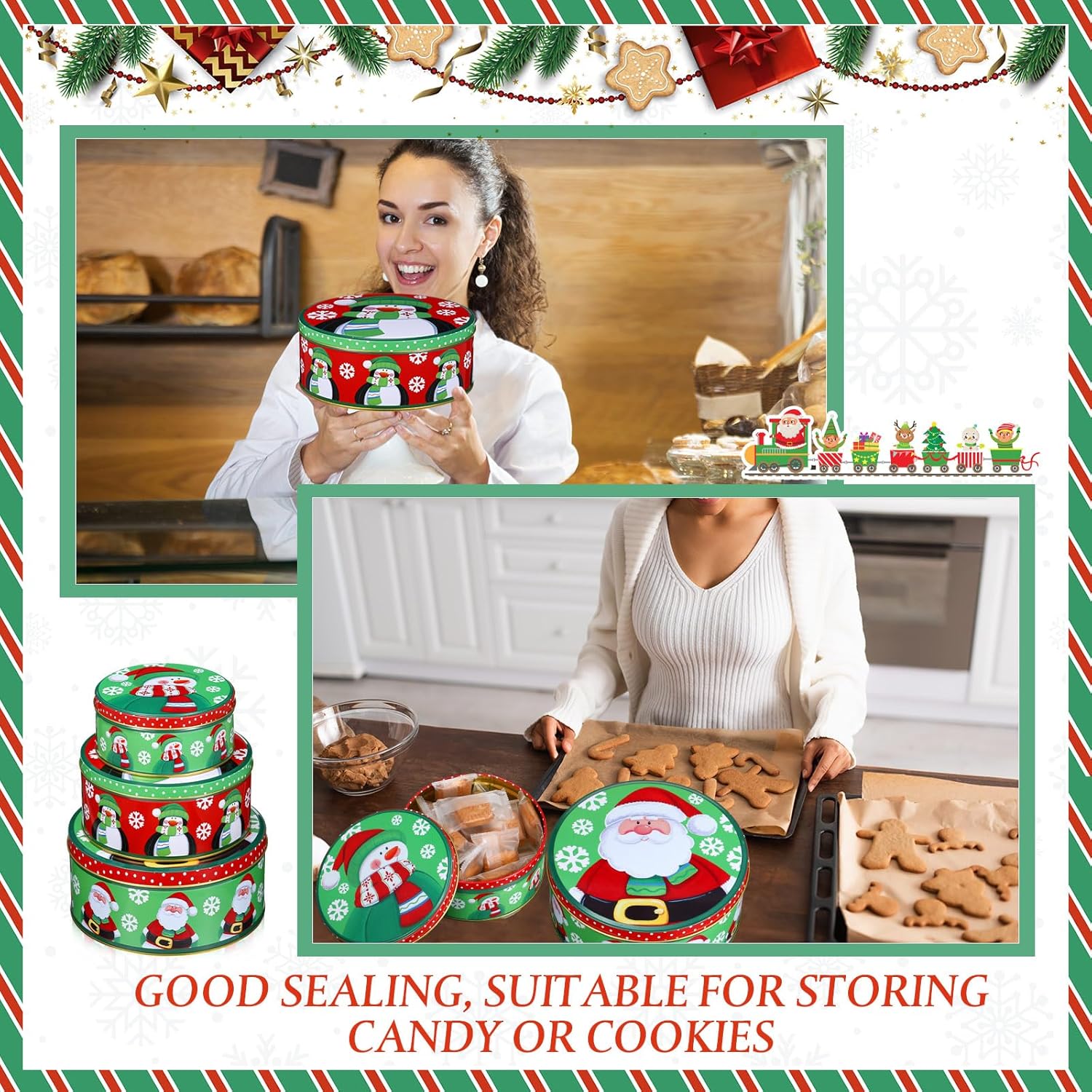 Blulu 3 latas de galletas de Navidad con tapas para regalar, recipientes de lata con tapas, latas de galletas festivas grandes, medianas y pequeñas,