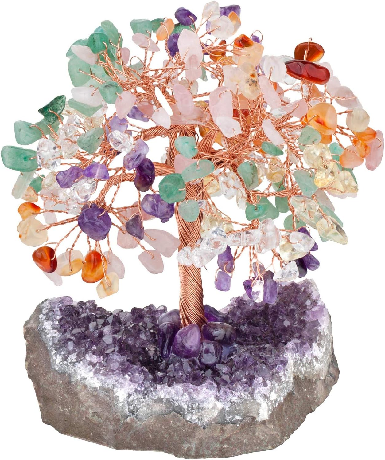 Yatming – Árbol colorido de piedra curativa con base de racimo de geoda de amatista natural, decoración de árbol bonsái de Feng Shui para riqueza