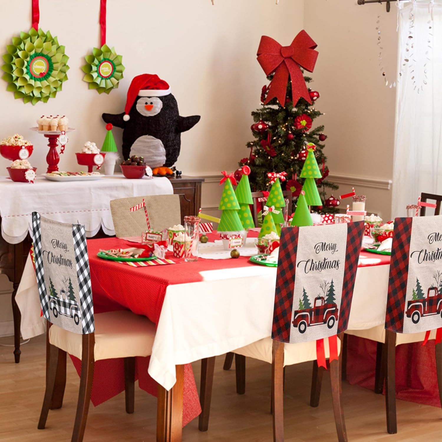 4 fundas para sillas de Navidad, de arpillera, búfalo, a cuadros, para automóvil, árbol de Navidad, decoración para Navidad, comedor, cocina,