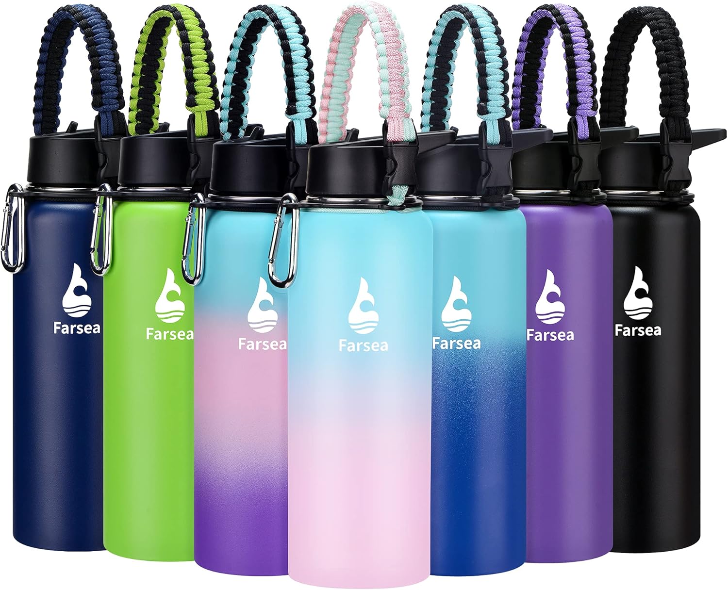 Botella de agua Farsea aislada al vacío, de acero inoxidable, termo de boca ancha, tapas con pajita y asas paracord. Doble pared a prueba de sudor,