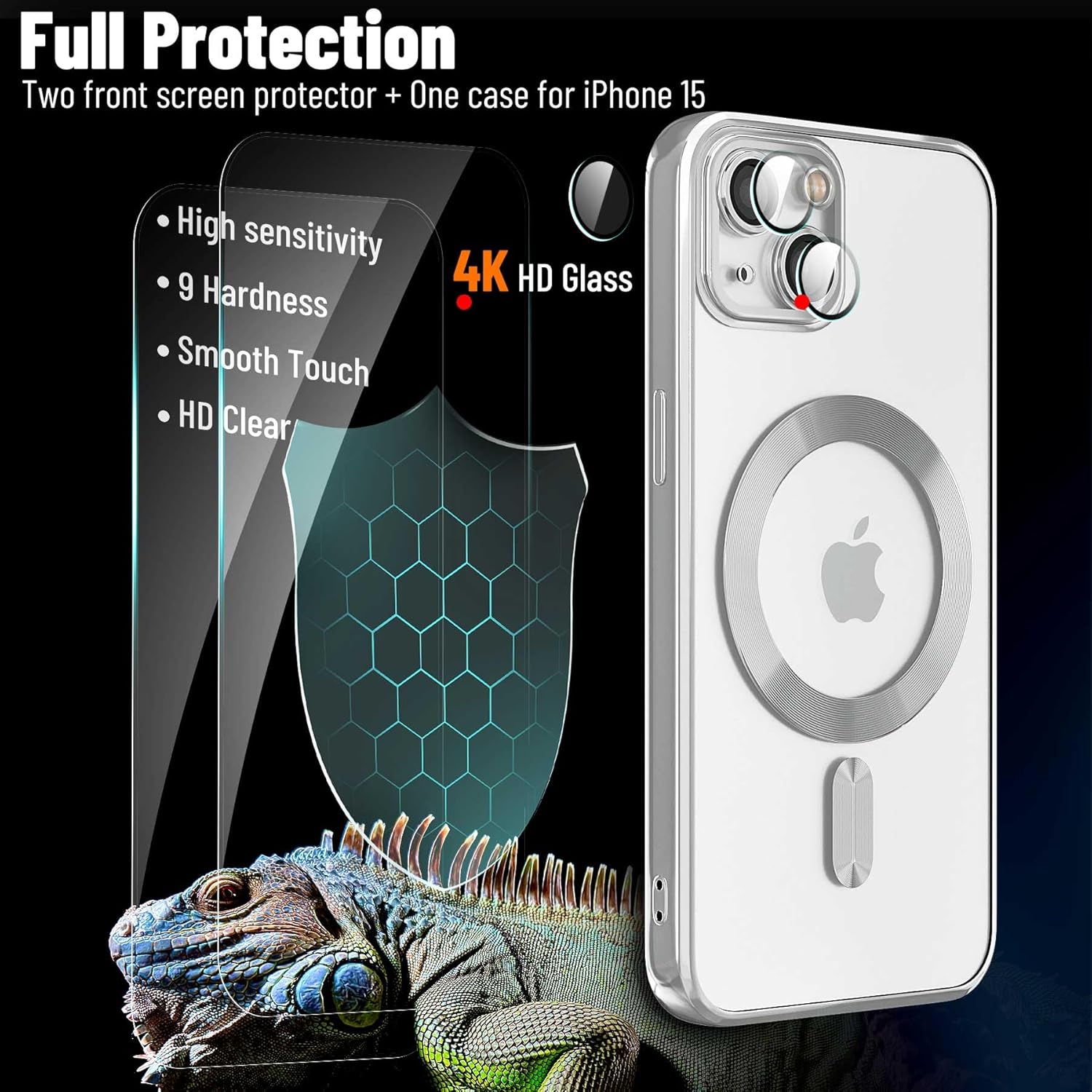 Funda magnética para iPhone 15, galvanizada transparente, delgada, para iPhone 15 (6.1 pulgadas), con película protectora de pantalla, a prueba de