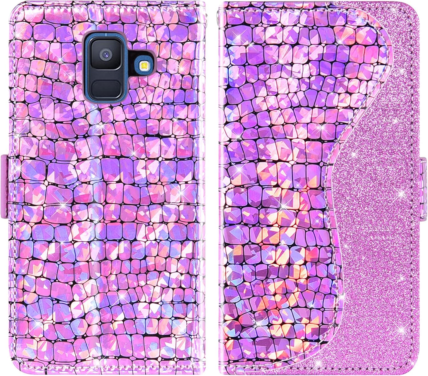 Asuwish Funda de teléfono para Samsung Galaxy A6 con protector de pantalla de vidrio templado y correa para la muñeca, tarjetero con purpurina