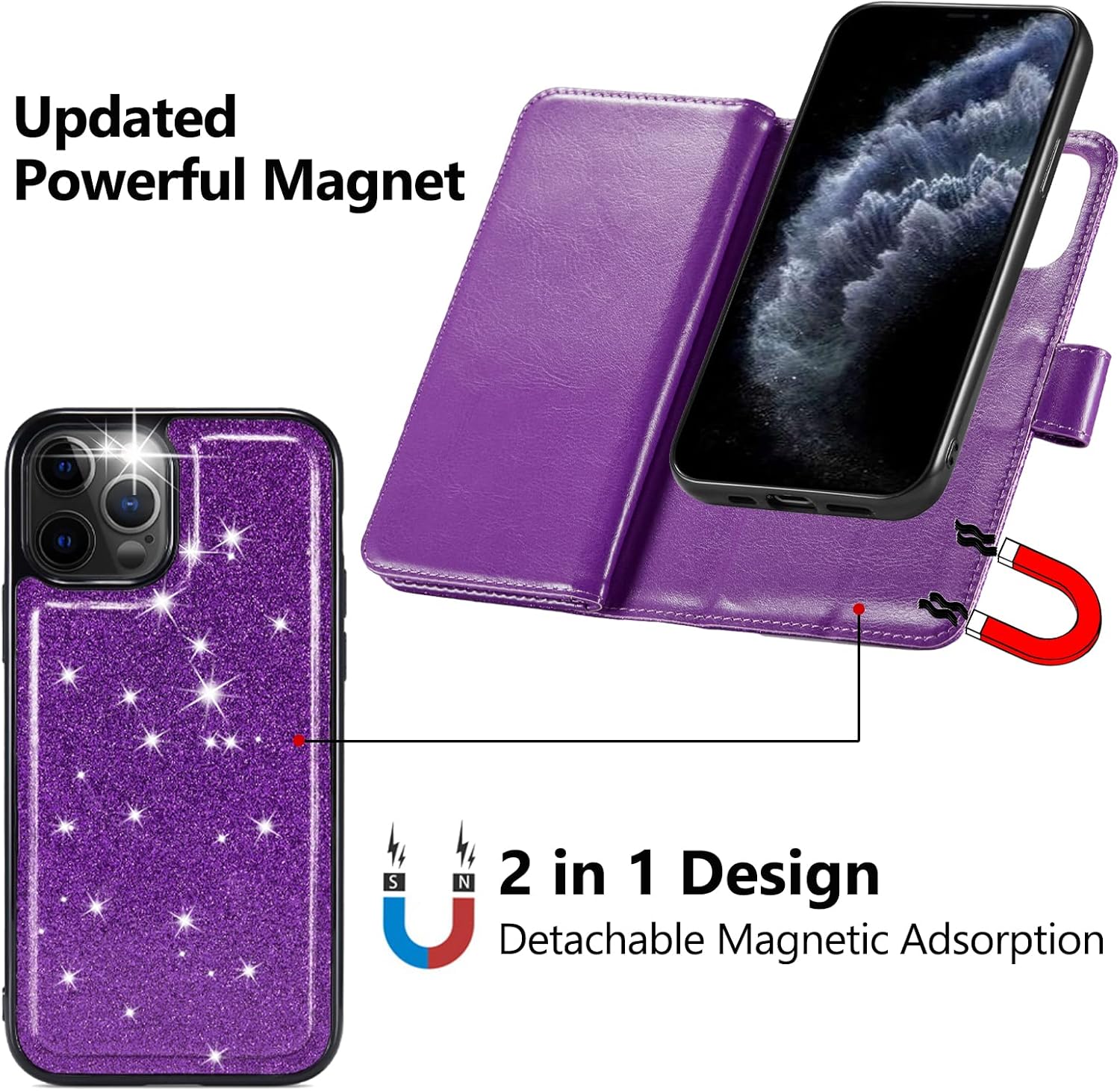 Varikke Funda tipo cartera para iPhone 11 Pro Max, funda magnética desmontable para mujer con tarjetero, soporte y correa para la muñeca, se adapta