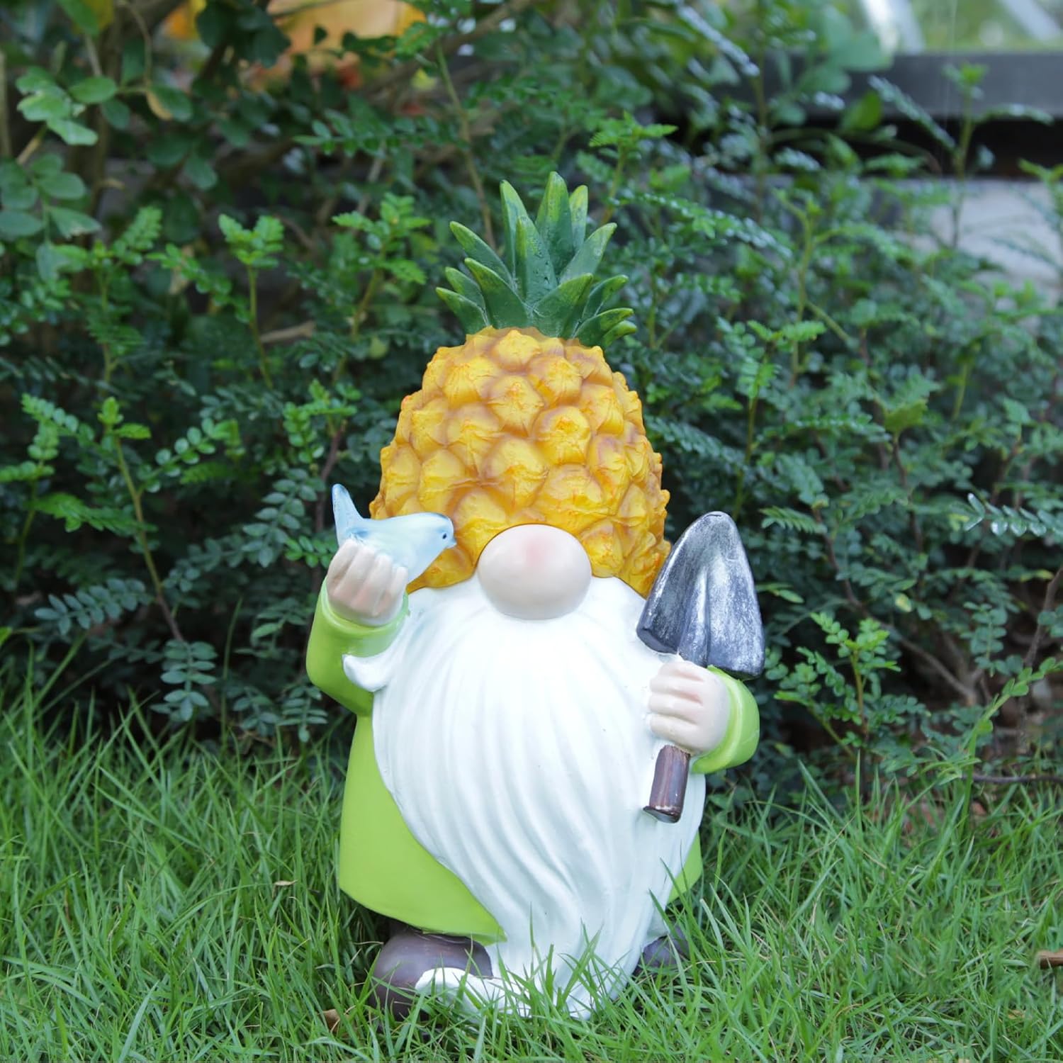 Estatuas solares de jardín con luces de piña, gnomos de jardín de resina con pájaro, estatuas de patio al aire libre para patio, balcón, césped,