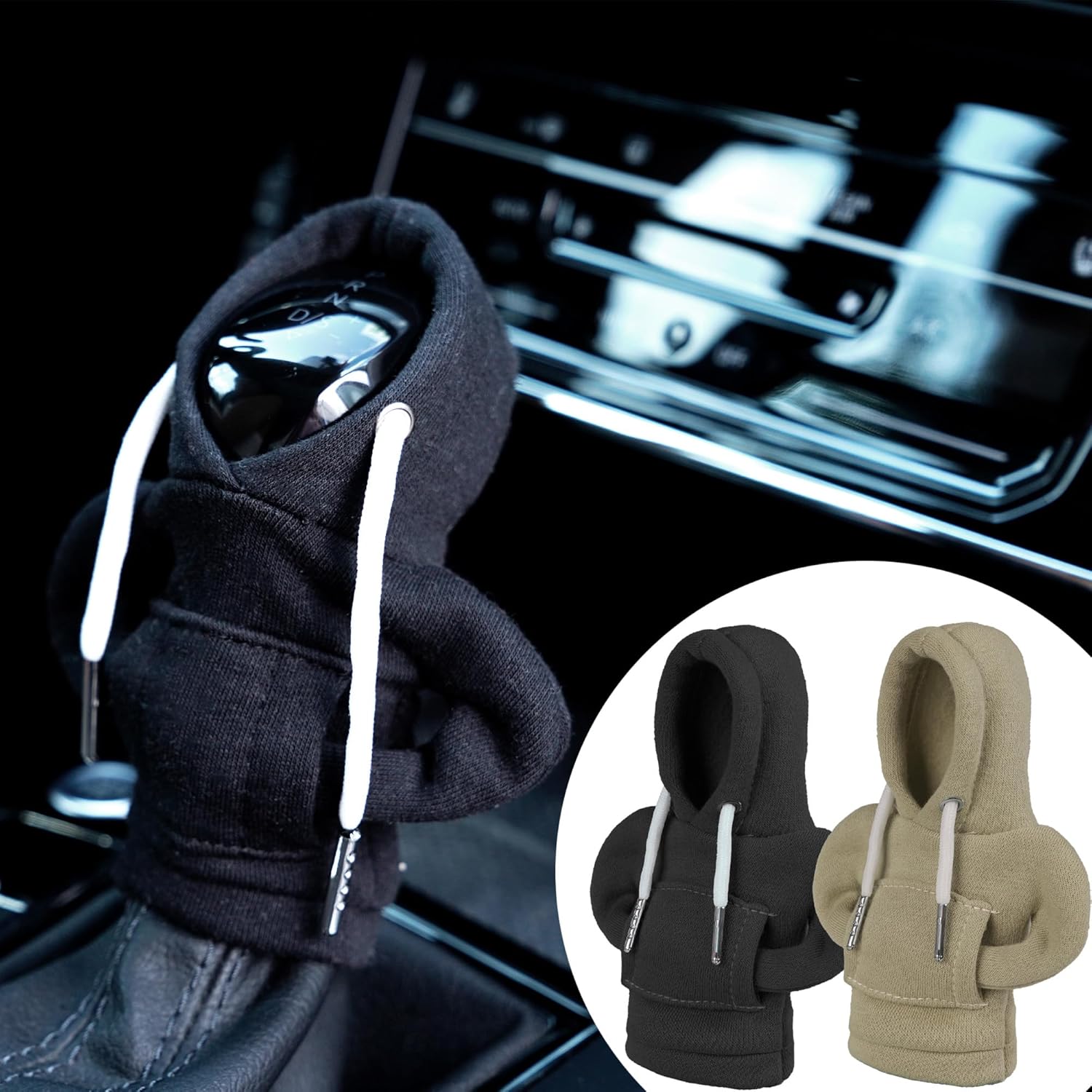2 fundas para pomo de palanca de cambios de automóvil, color negro y gris, sudadera con capucha, suéter, accesorios interiores automotrices, ajuste