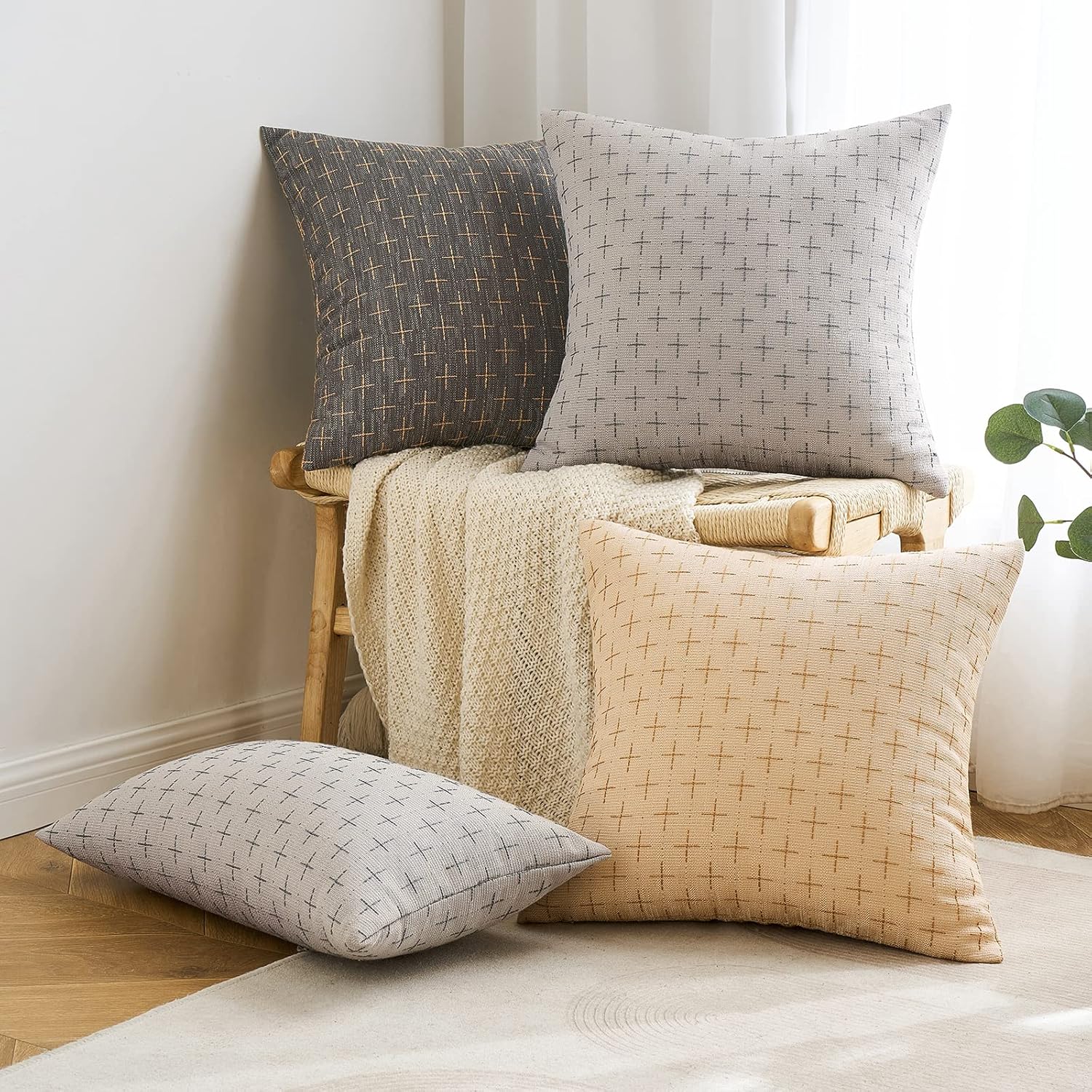 MIULEE – Juego de 2 fundas de almohada decorativas de lino de arpillera, modernas, estilo campestre, rústicas, tejidas, con textura, para sofá,