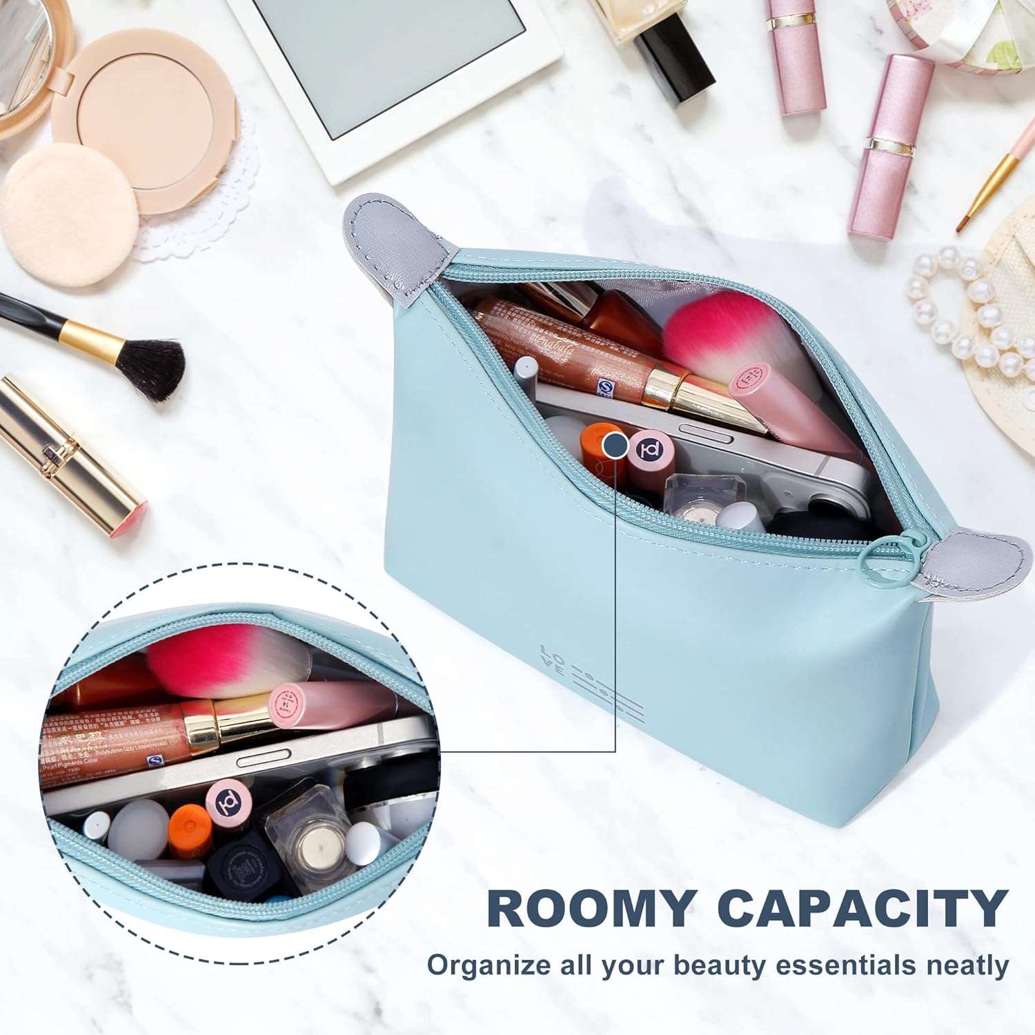 SELLYFELLY Pequeña bolsa de maquillaje para mujer, bolsa de maquillaje impermeable con cremallera, bolsa organizadora de maquillaje portátil, Azul,