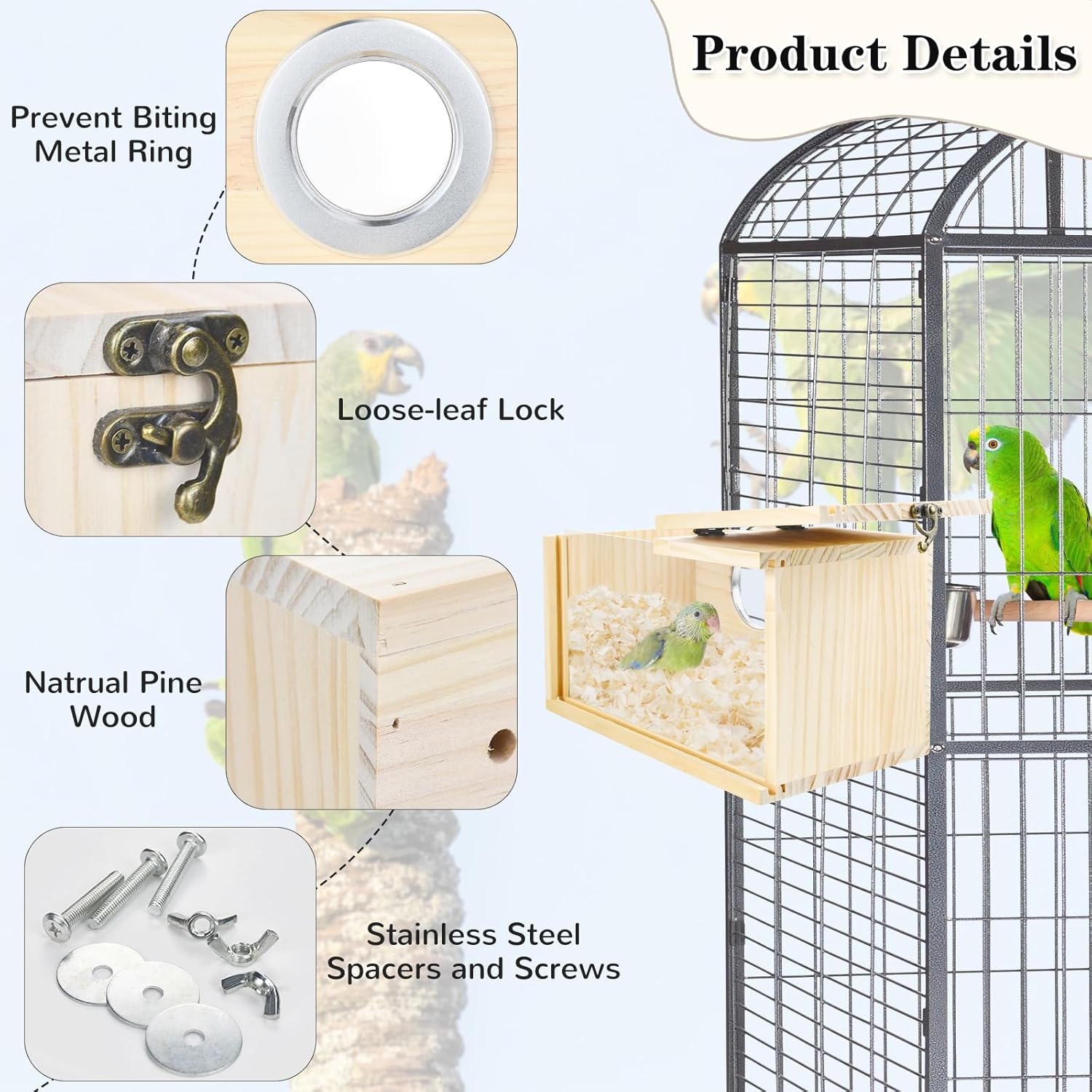 CooShou Caja anidadora de periquitos para cacatúas, pino natural, nido de pájaros, caja de cría de pájaros, caja de acrílico transparente para