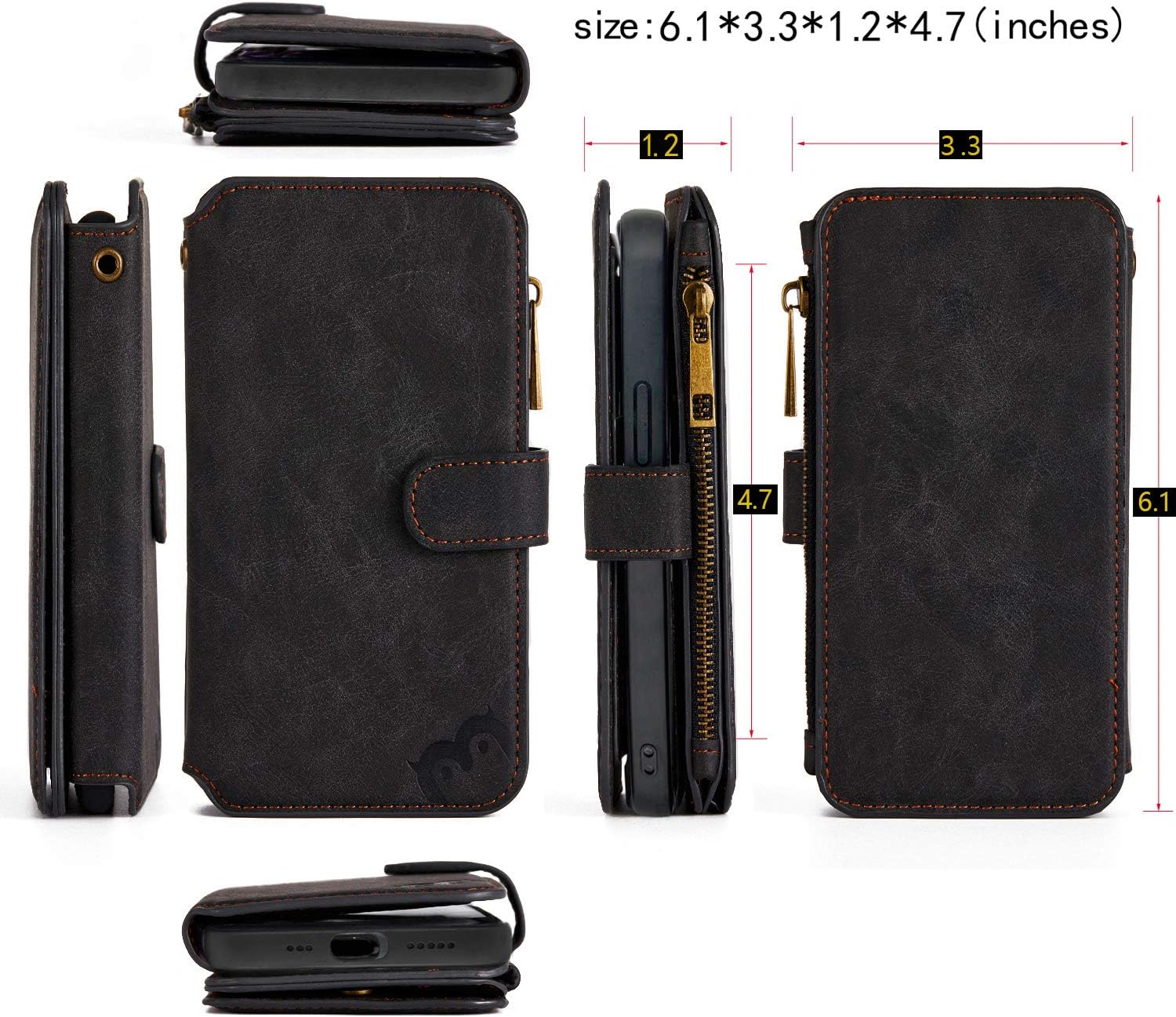 MODOS LOGICOS Funda compatible con iPhone 15 de 6.1 pulgadas, cartera desmontable, almacenamiento en efectivo con cremallera, hasta 14 ranuras para