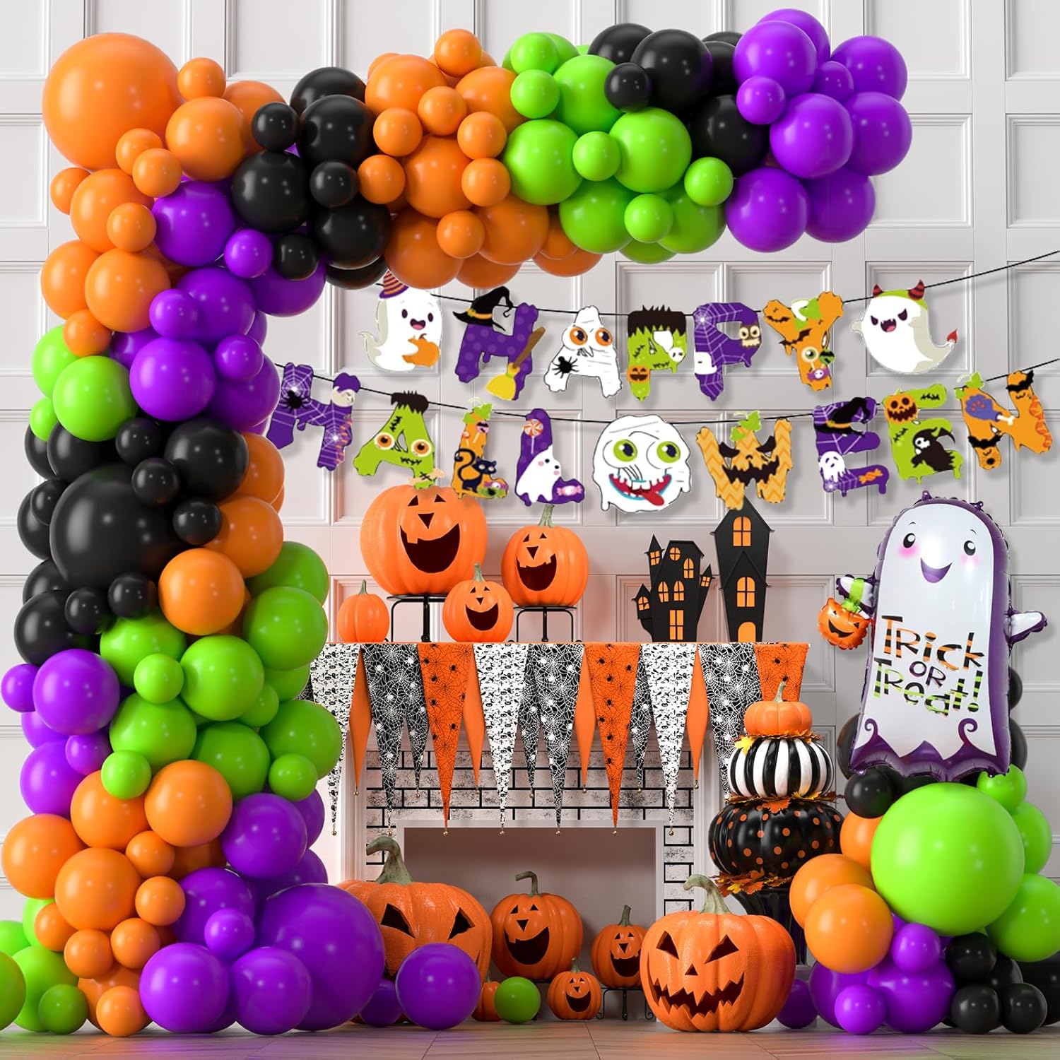Arco de globos de Halloween, 128 piezas, kit de decoración de fiesta de Halloween con pancarta de Halloween, globos de papel de aluminio fantasma,