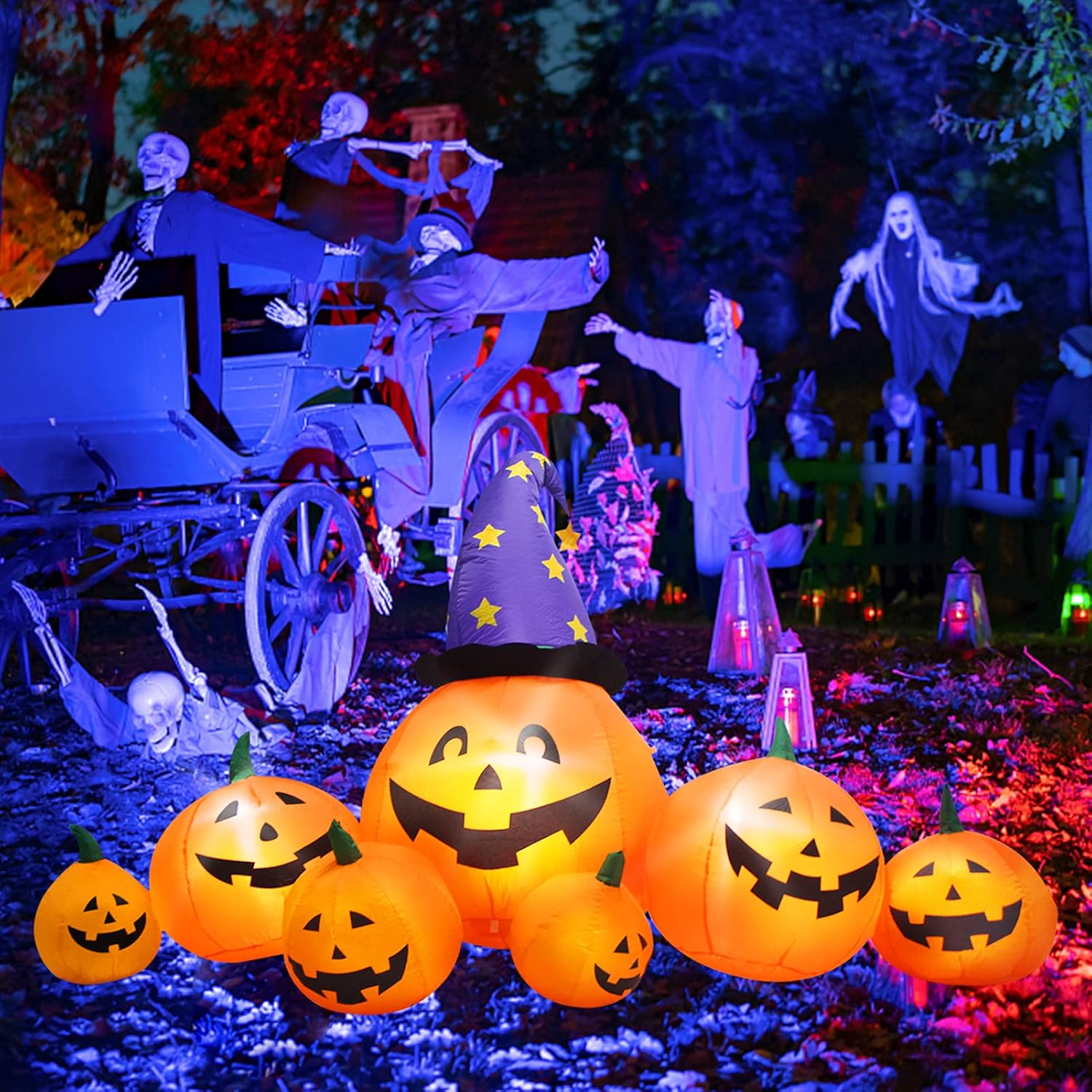 Evoio Calabazas inflables de Halloween de 8 pies para decoración al aire libre, calabazas inflables de patio y sombrero de bruja con luces LED