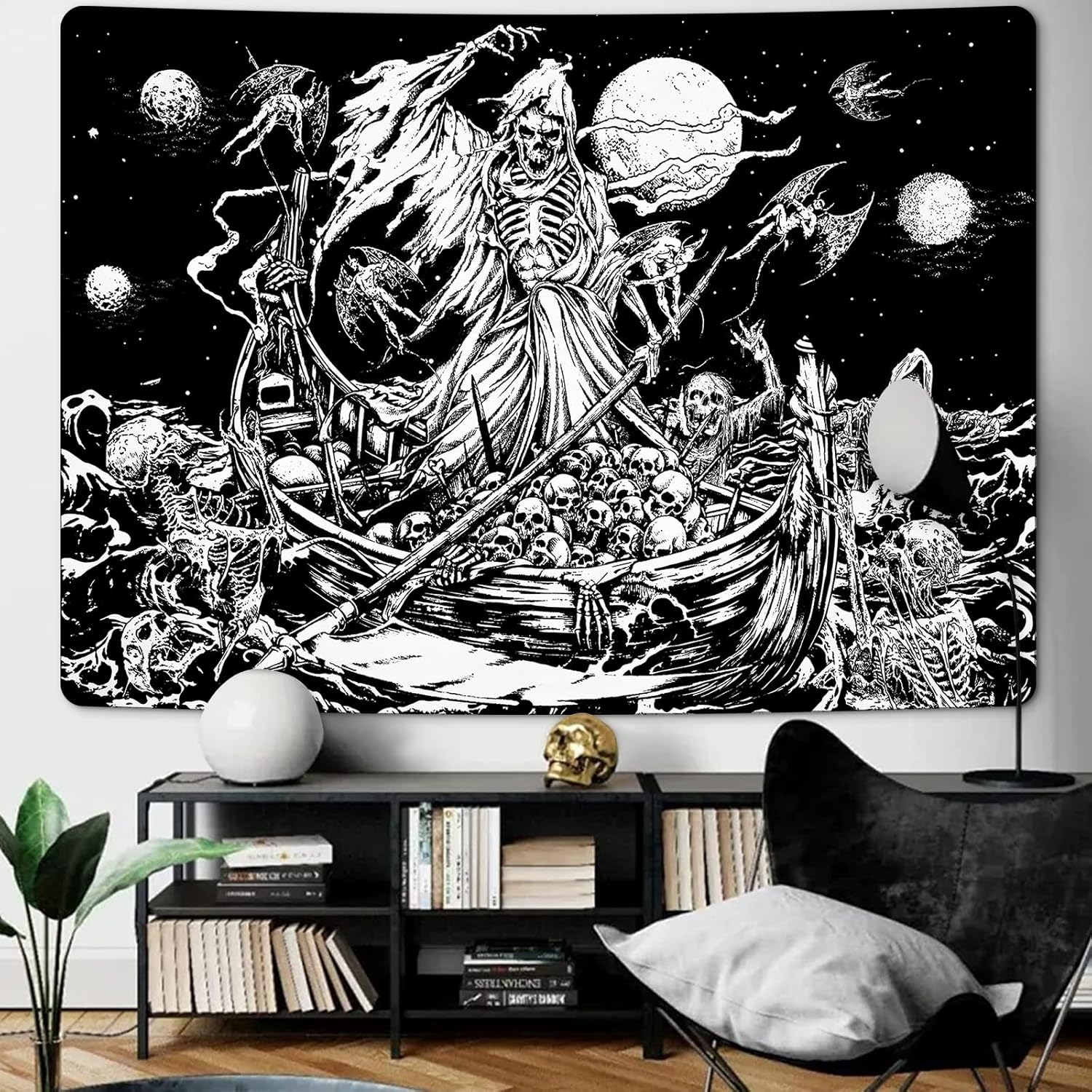 Krelymics Tapiz de calavera de terror, murciélago de terror, tapiz de barco de remo en blanco y negro, tapiz de esqueleto, tapiz gótico, tapiz