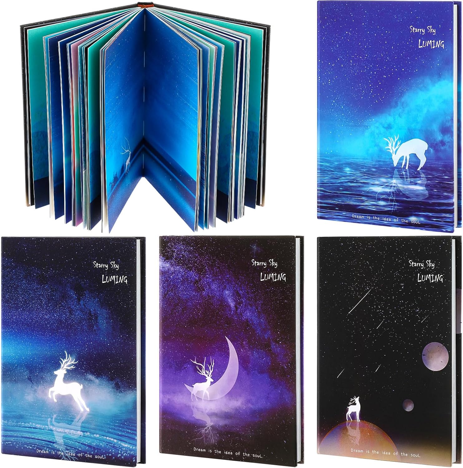 Yeaqee – 4 diarios de escritura de ciervos estrellados de 7.6 x 5.2 pulgadas, cuaderno colorido en blanco para notas diarias, cuaderno estético de