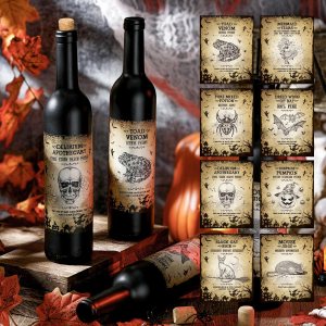 4 botellas de poción de Halloween con tapón de corcho de 16 onzas, botella redonda de vidrio boticario negro mate con 16 calcomanías de etiquetas, 4 botellas de poción de Halloween con tapón de corcho de 16 onzas, botella redonda de vidrio boticario negro mate con 16 calcomanías de etiquetas,